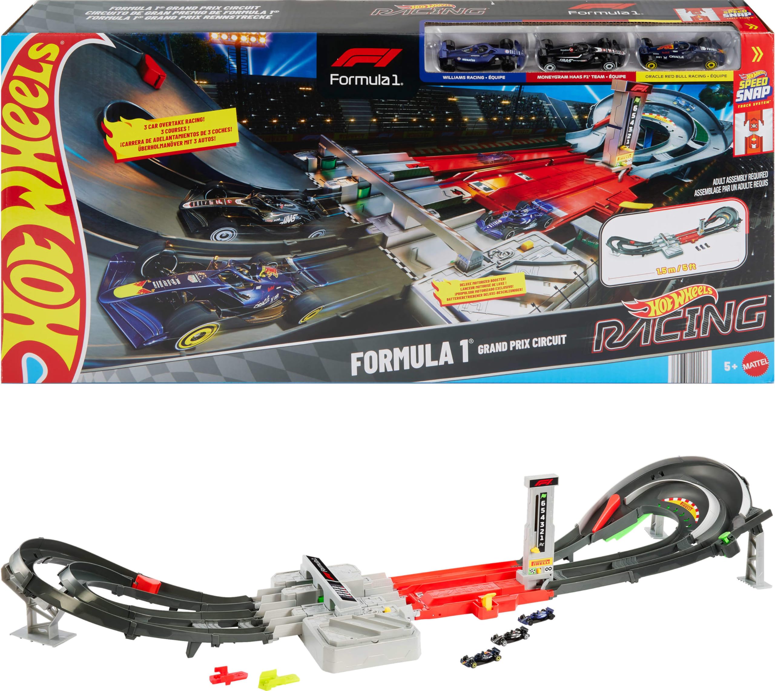 Hot WheelsFormula 1 Grand Prix Circuit Set with 3 1/64 scale cars, two racing modes with a motorized thruster, JLB13