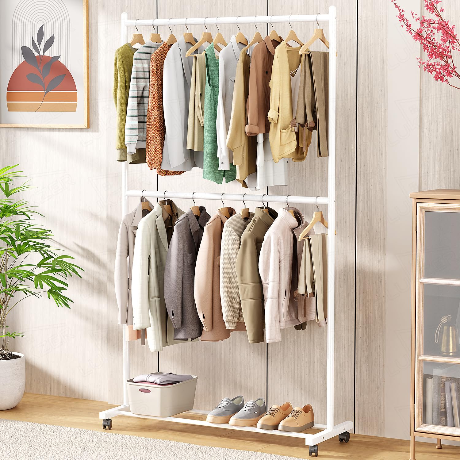 Lukzer Double Rod Garment Rack with Wheels | MGS-006/ White | Heavy-Duty Metal Clothes Stand Organizer with Bottom Shelf | Rolling Clothing Rack for Bedroom, Laundry & Boutique (183 × 110 × 40 cm)