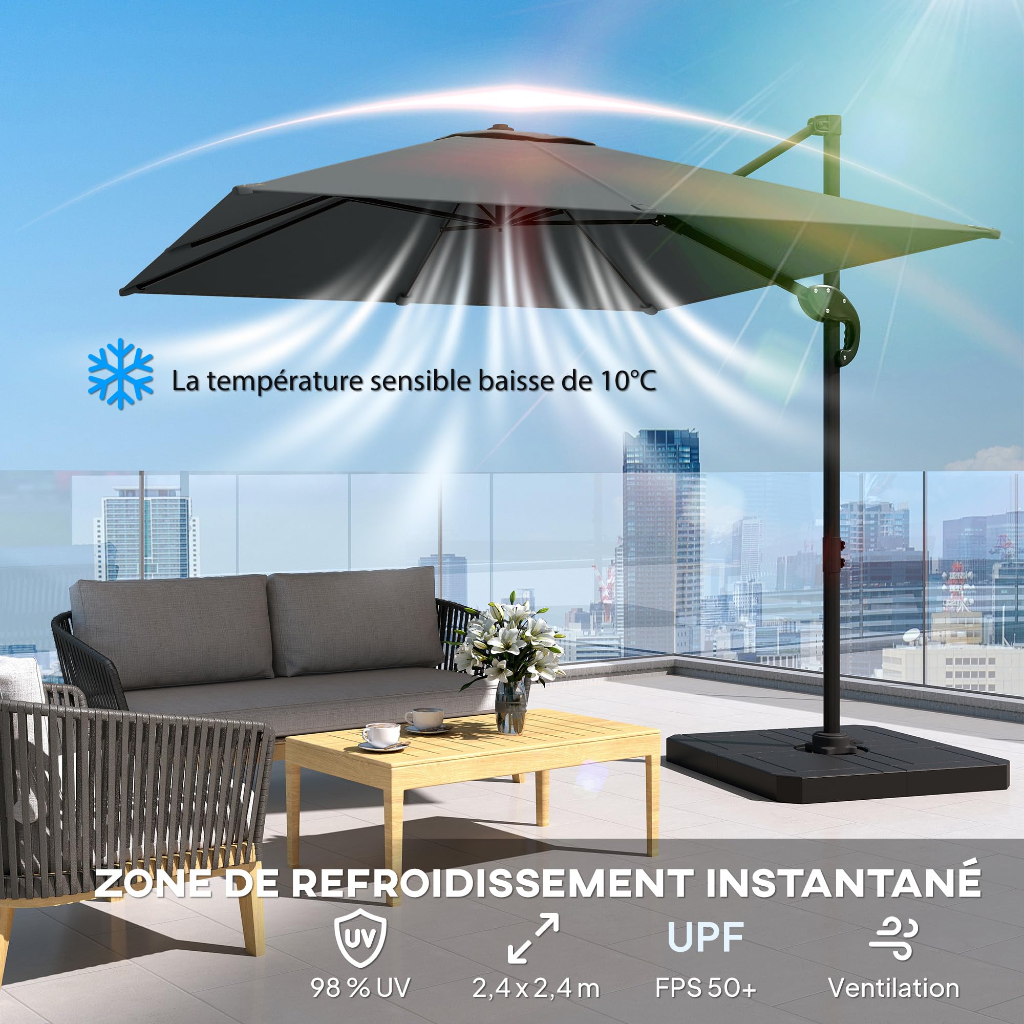 Outsunny Parasol z stojakiem Ø244cm z obciążnikami korbą ciemnoszary