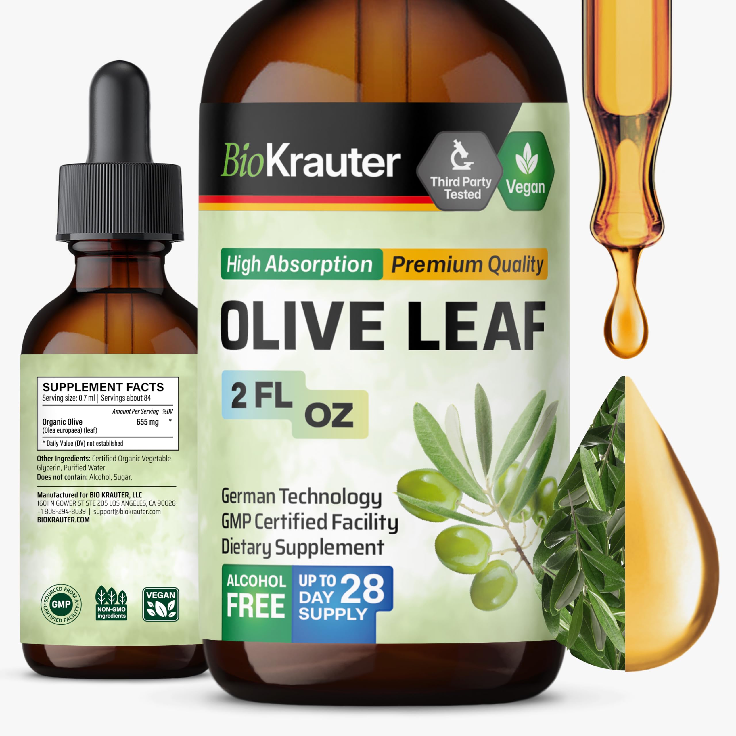 BIO KRAUTER Olive Leaf Extract Liquid - Olive Leaf Tincture for Immune Support - Alcohol and Sugar Free - Vegan Drops 2 Fl.Oz.