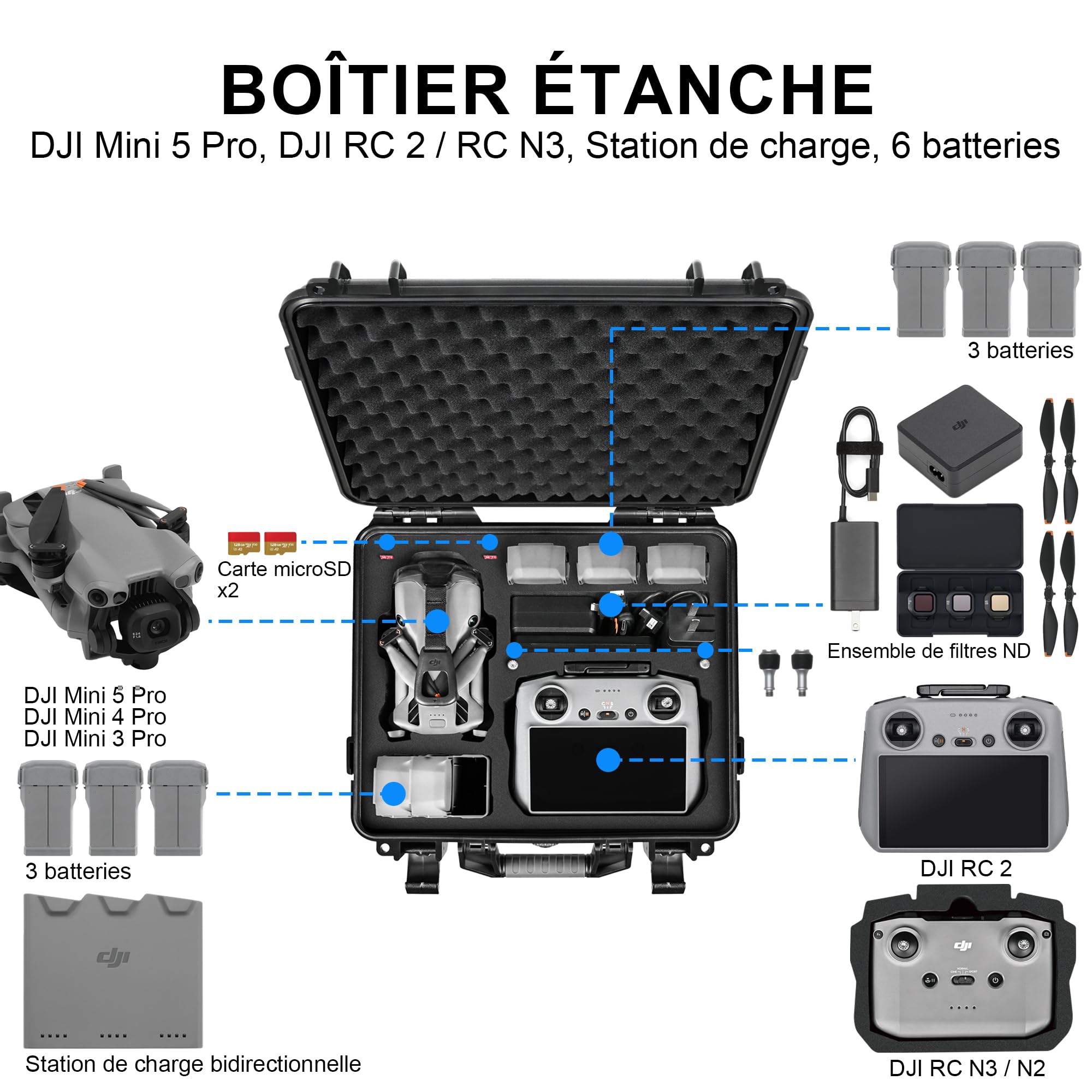 LEKUFEE Boîte Rigide étanche pour Drone DJI Mini 5 Pro, Bundle Fly More, DJI RC 2/RC N3, 6 Batteries, Station de Recharge bidirectionnelle et Autres Accessoires (étui Uniquement)
