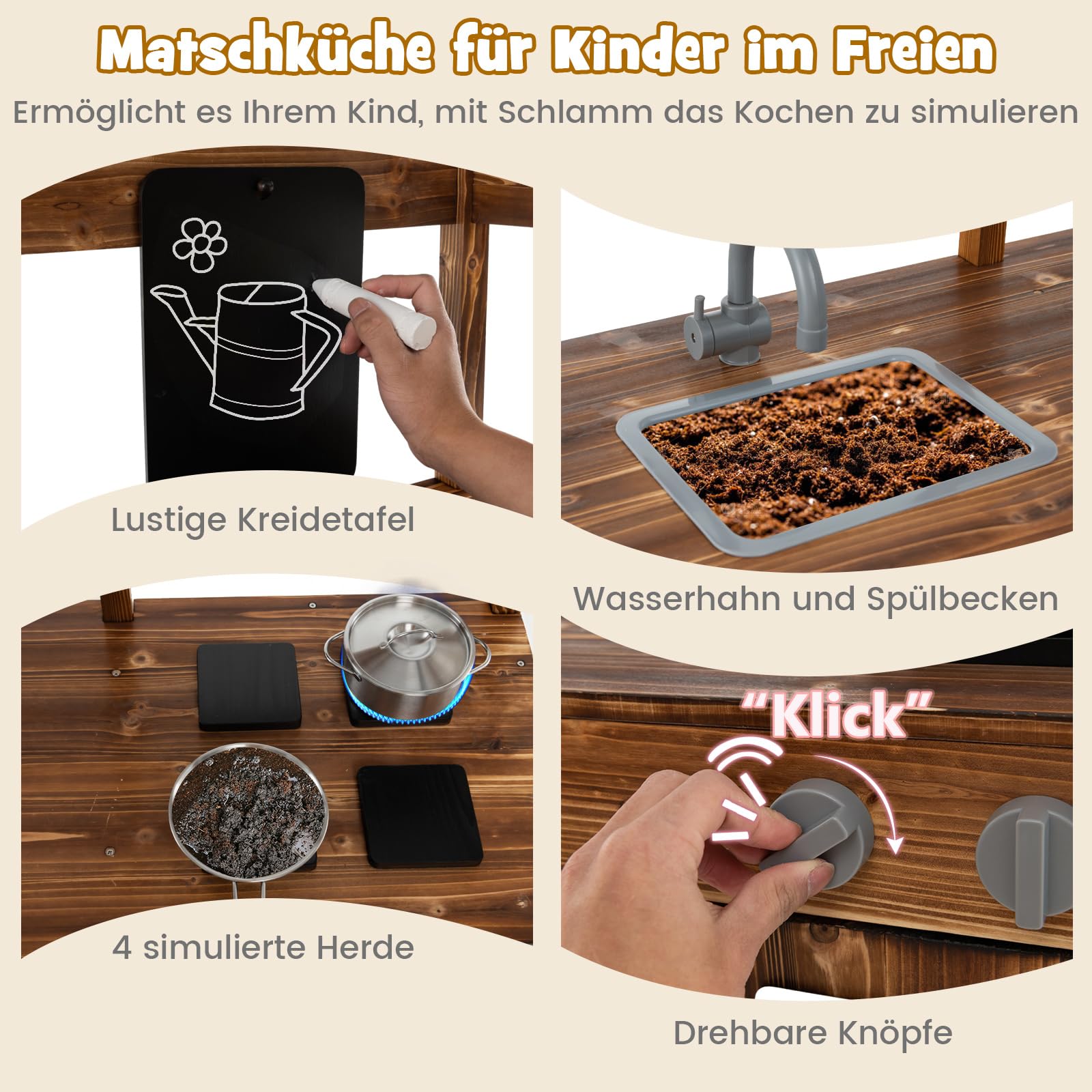 COSTWAY Matschküche Kinder Outdoor, Kinderküche Massivholz mit Vordach & Wasserhahn & Spülbecken & Tafel & Blumentöpfen, Gartenküche inkl. Zubehör, Spielküche Outdoor Küche für Kinder ab 3 Jahren