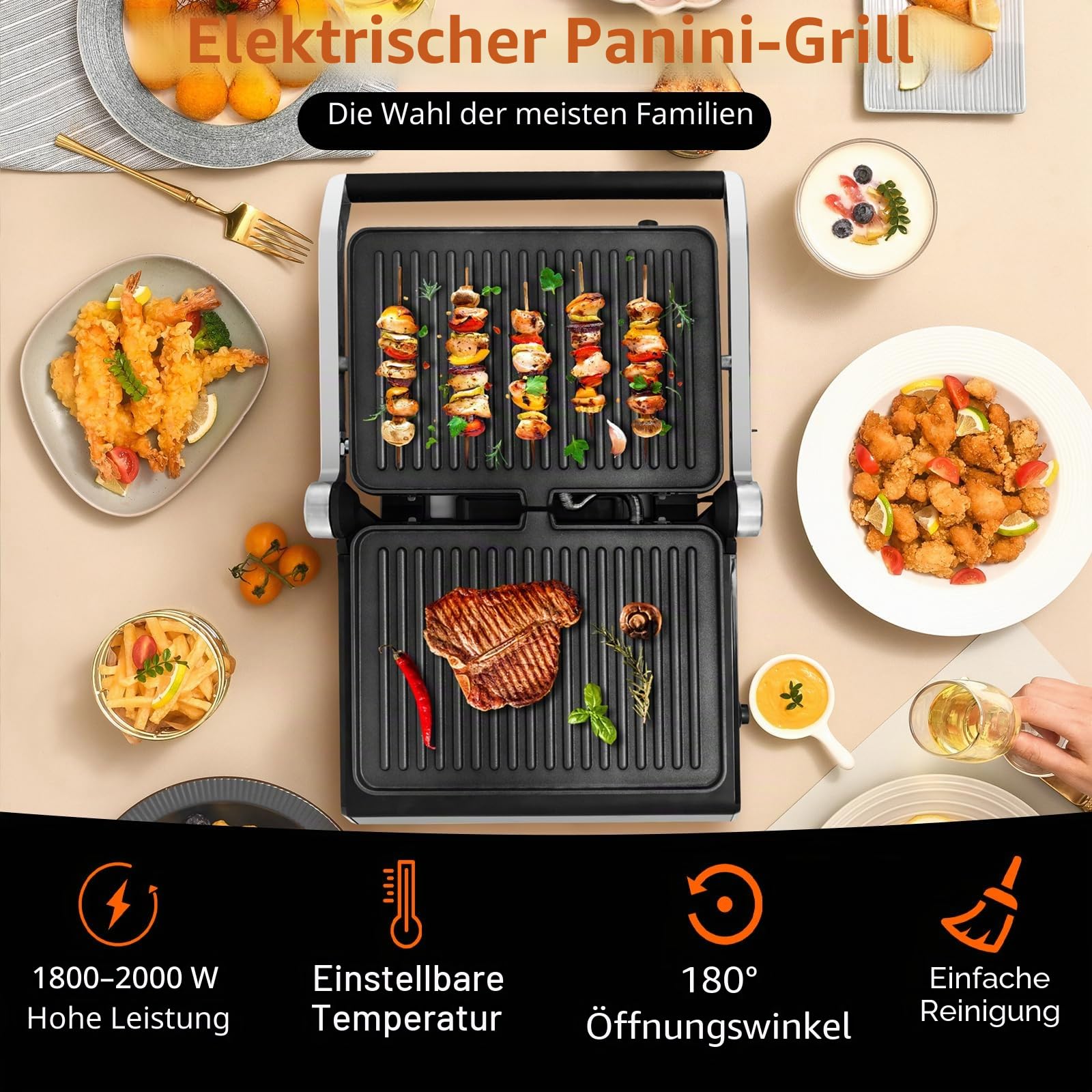 SOARS Sandwichmaker 3-in-1, 1800 – 2000 W, elektrische Panini-Maschine mit 5 Kochmodi, 200 – 230 °C, Öffnungswinkel 180 °, Grillplatte, abnehmbar und waschbar, Timer 0 – 4 Stunden, Schwarz