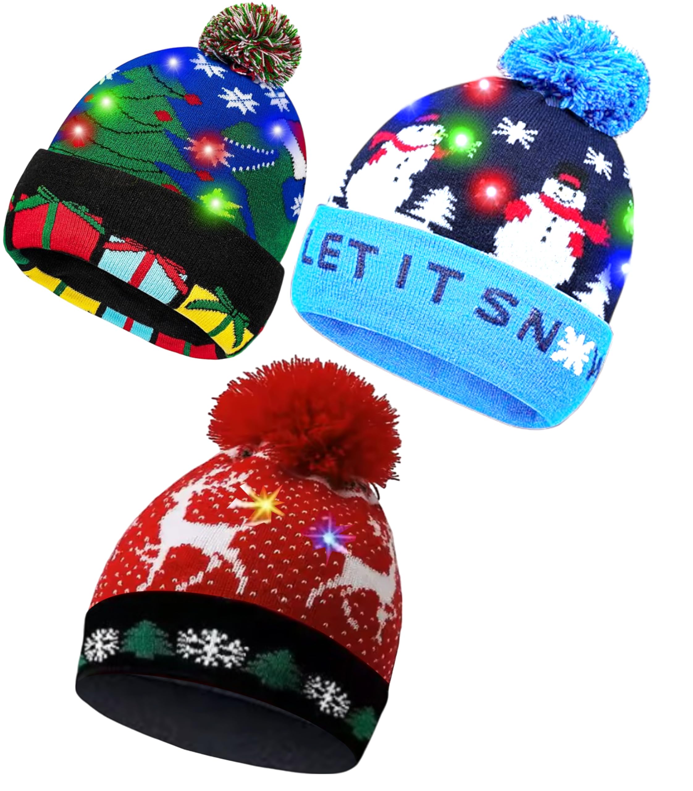 3 Pack Christmas Beanie Hat with Lights Cozy LED Christmas Bobble Kids & Adults Hat Stylish Elf Hats, Baby Xmas Hat Winter Holiday Parties (Christmas Tree + Let it Snow + Flying Elk) โ image 1