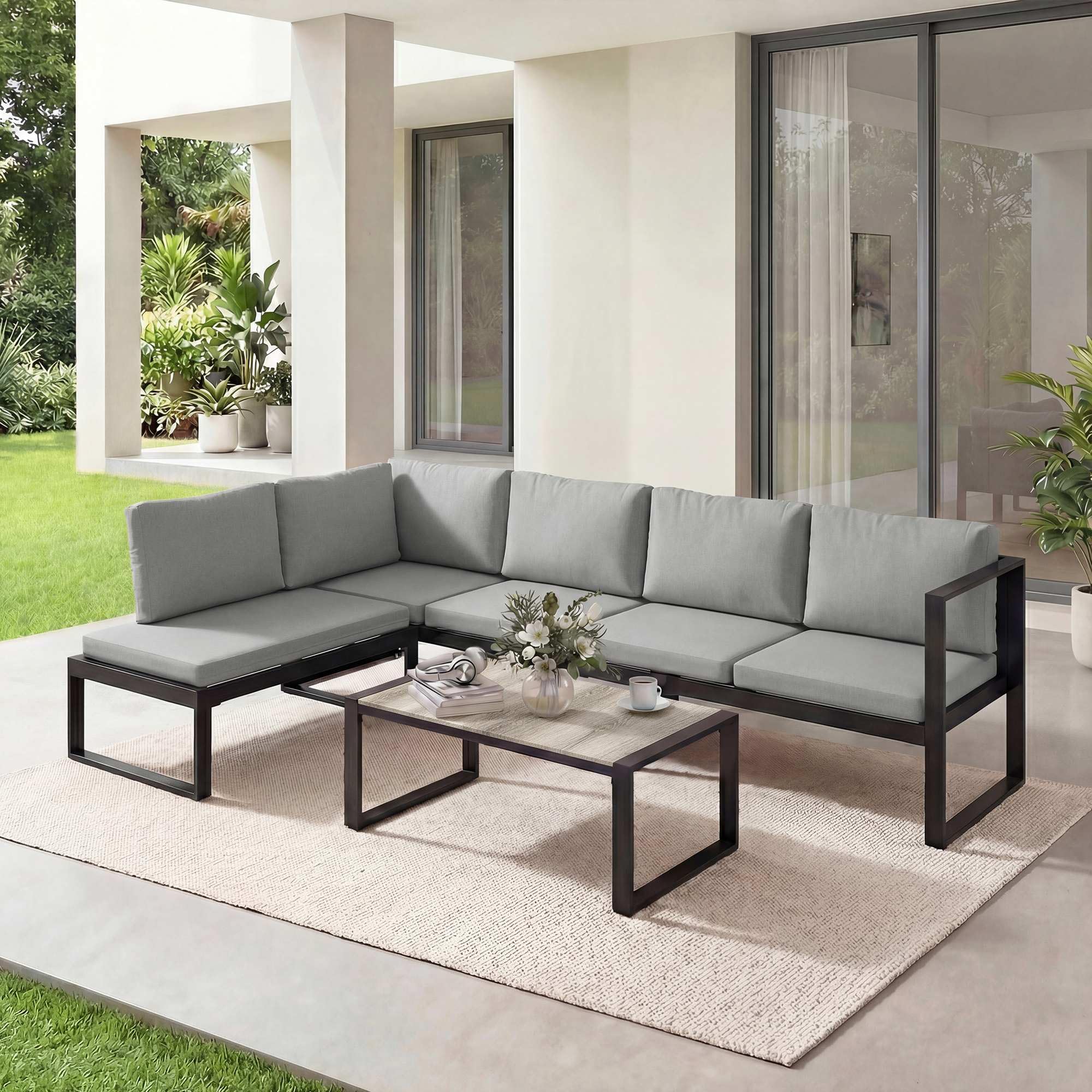 Outsunny Salon de Jardin Extérieur d'angle Modulable 5 Personnes Gris
