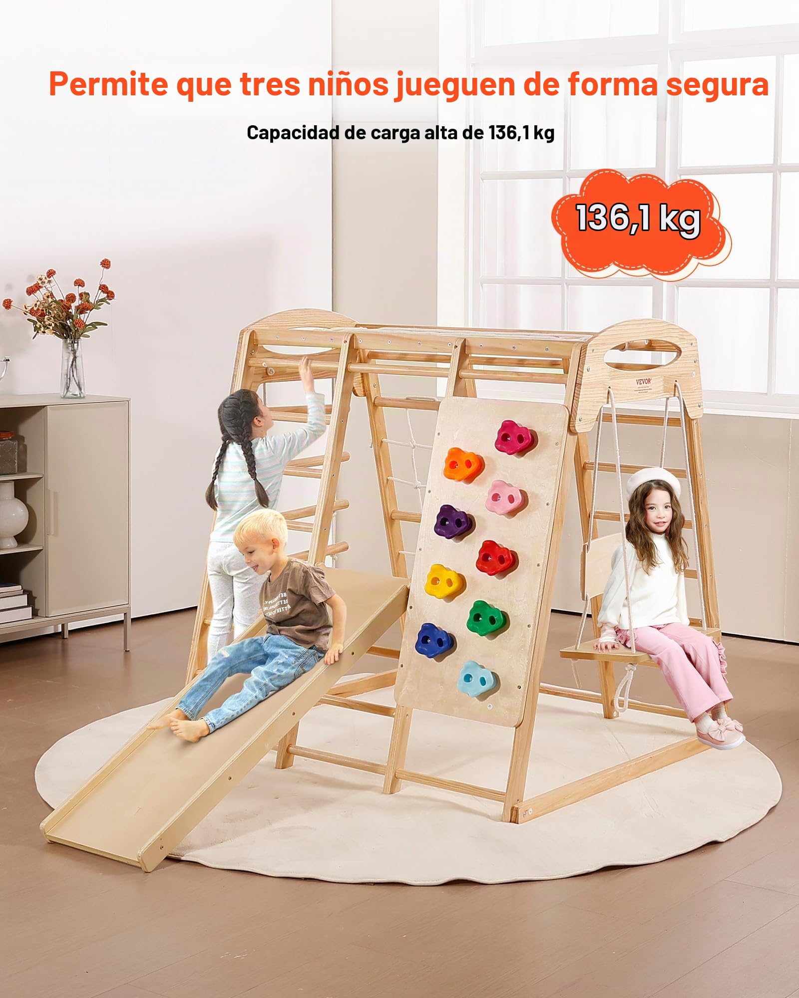 VEVOR Parque Infantil de Interior, Gimnasio de Interior para Niños de Madera, Multifunción con Juguetes de Escalada Tobogán Columpio Barras de Mono Escalera de Malla, Conjunto de Juegos para Niños