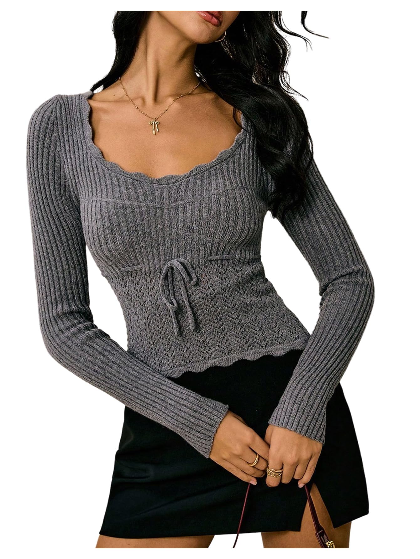 Womens Tie Waist Sweaters Scoop Neck Long Sleeve Fitted Jumper Ribbed Knit Pullovers
