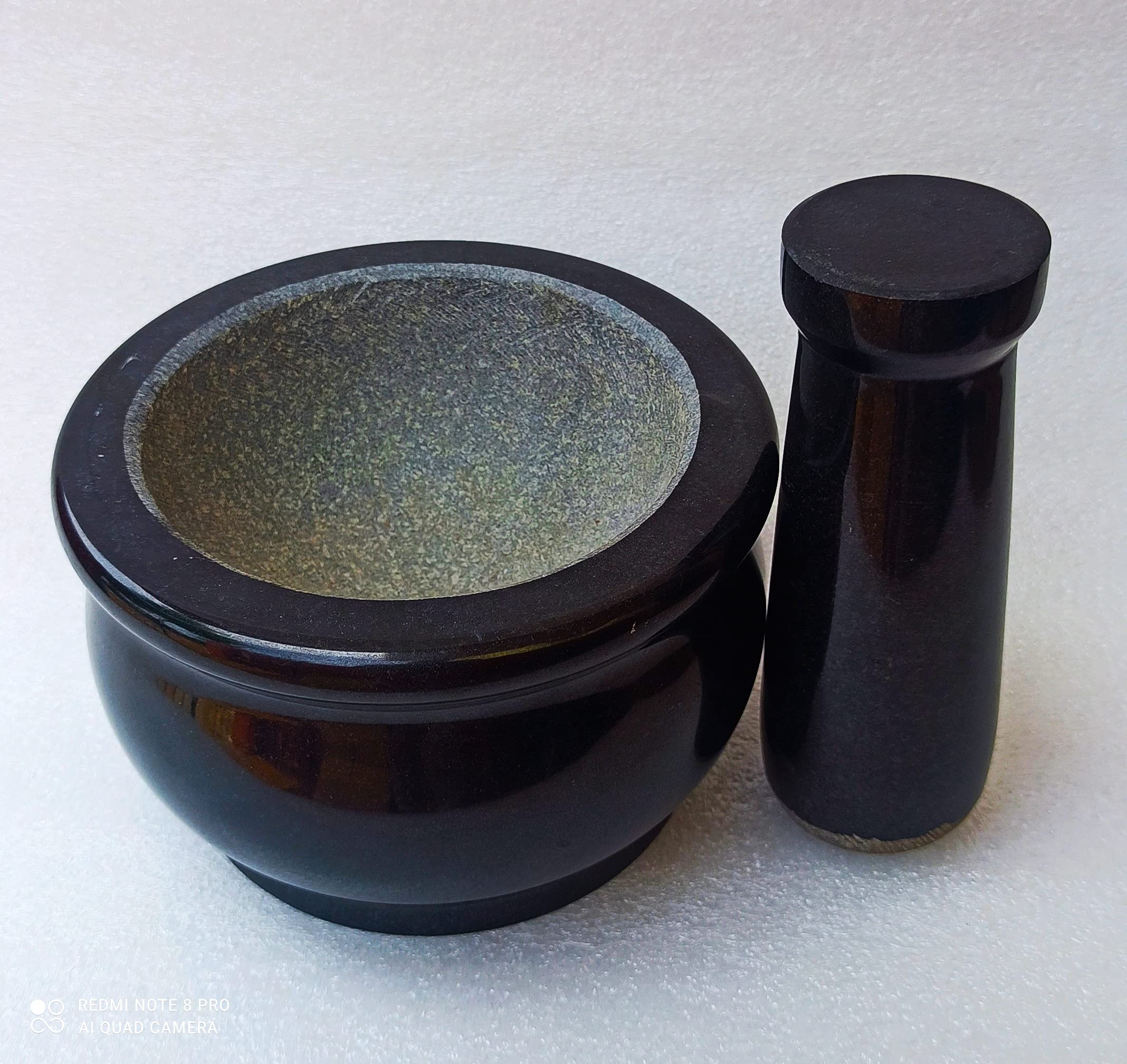 Abimanyu A Tradition Of Fine Quality Pure Granite Stone Mortar and Pestle Set, kharad, Masher Spice Mixer/Okhli and musle/Kharal for Kitchen 6 inches- Big Size (Black) 4