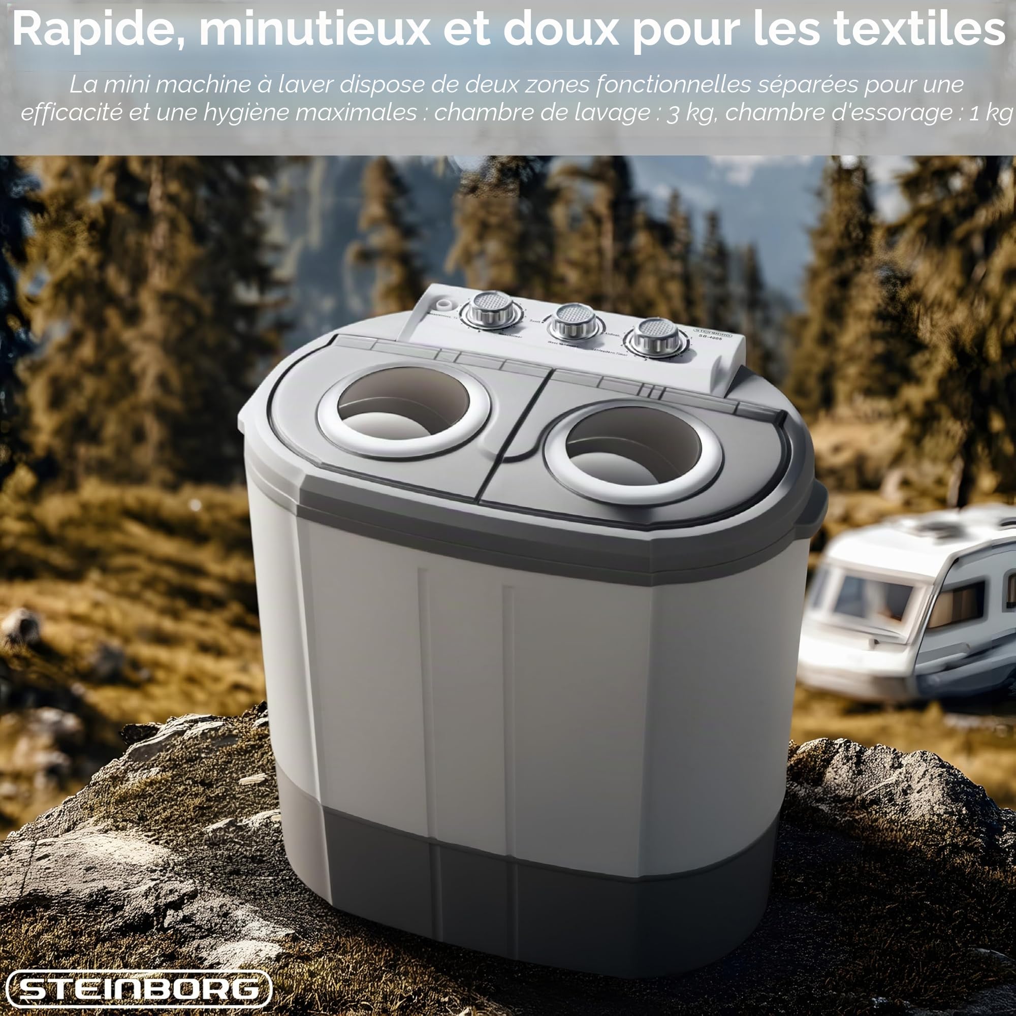 Steinborg Mini machine à laver avec essoreuse – 2 compartiments Toploader, capacité de lavage jusqu'à 3 kg, chambre d'essorage jusqu'à 1 kg, machine à laver compacte idéale pour le camping, les