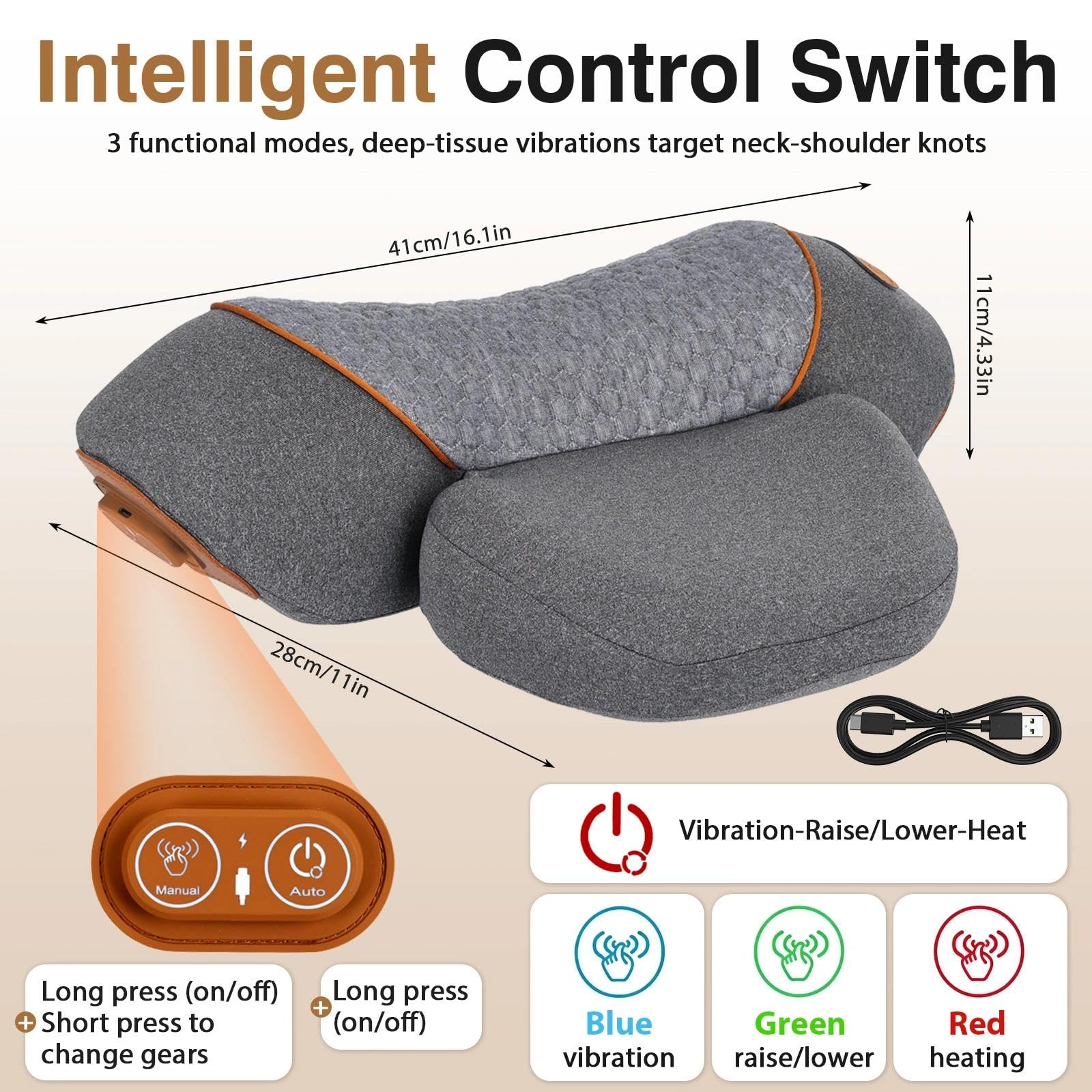 Masajeador de Cuello y Hombros Eléctrico 3-en-1, Almohada de Masaje Cervical con Compresión Caliente Vibratoria 2 Modos (Gris)
