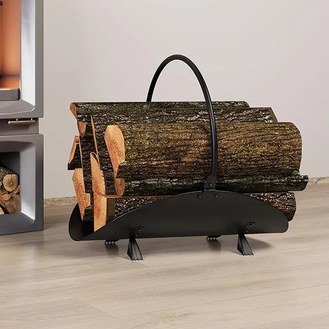 Panier à Bûches Noir Kingson - 48x34x37cm - Rangement Moderne pour Cheminée