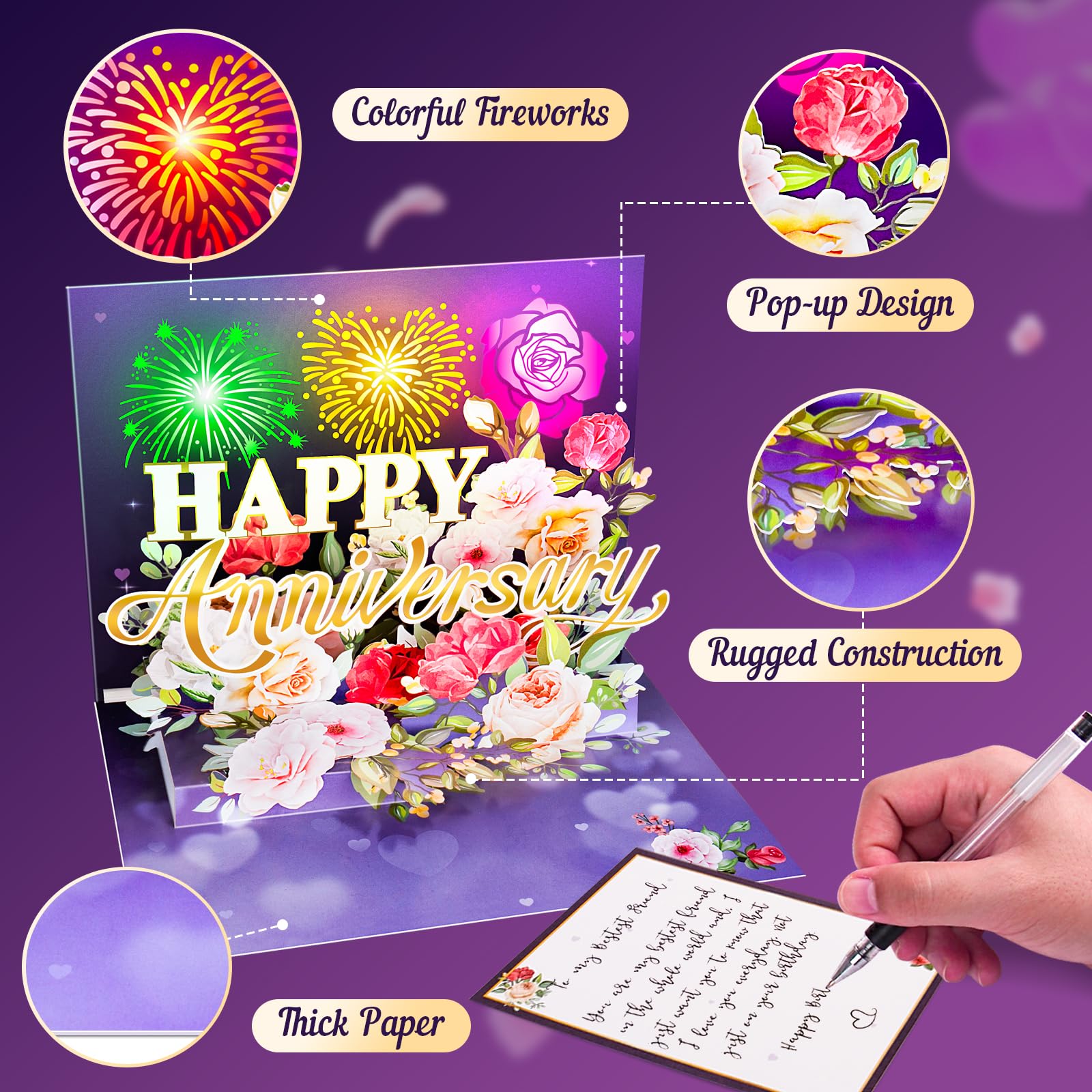 Biglietto di anniversario, musica e luce, biglietto di San Valentino pop up con fuochi d'artificio fiori regali per lui suo marito moglie coppia - viola