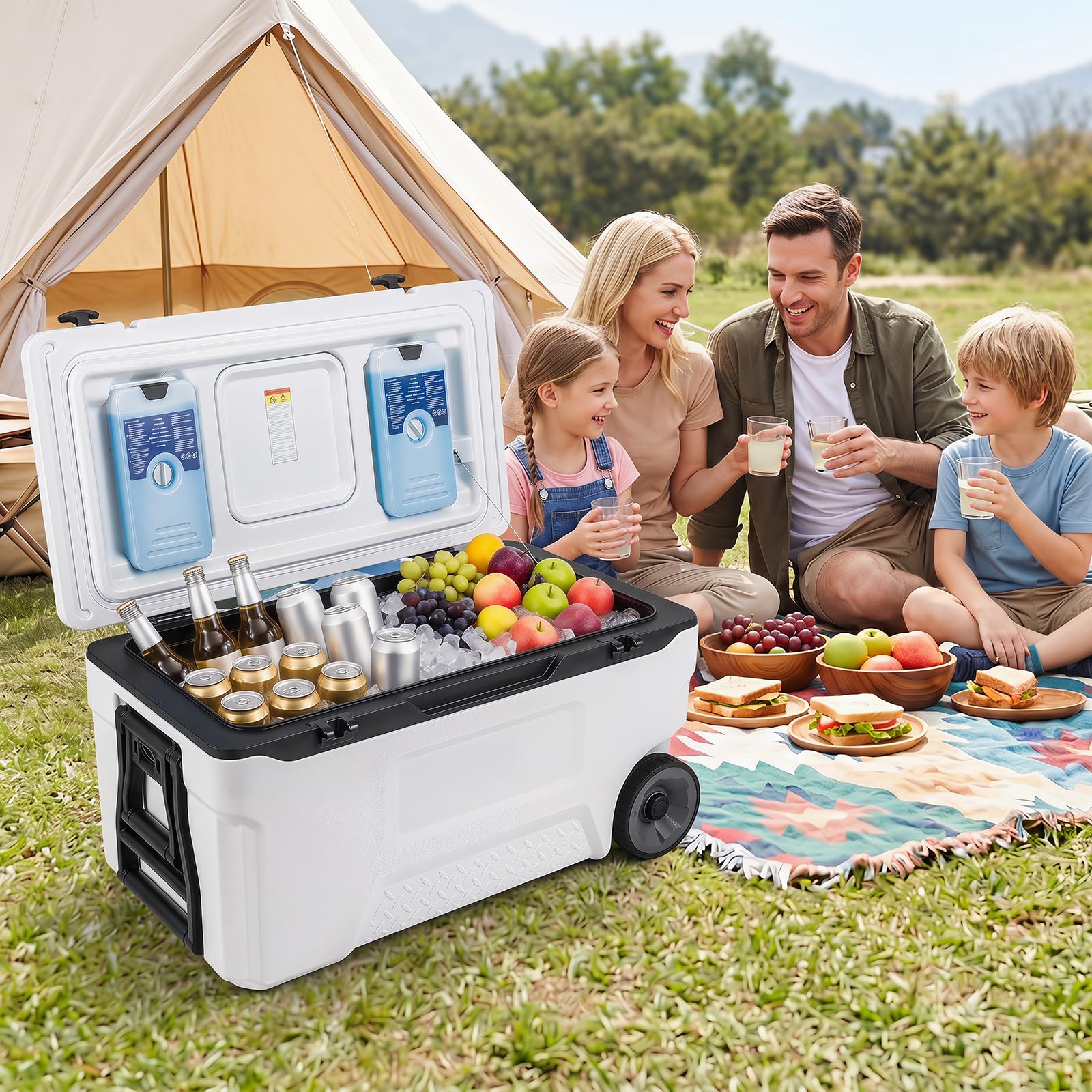 COSTWAY Frigorifero Portatile, Frigo da Campeggio con Ruote, Maniglie, Finestrino Ribaltabile, Portabicchieri, Apribottiglie e Sacchetti di Ghiaccio, per Campeggio, Pesca, Picnic e Festa