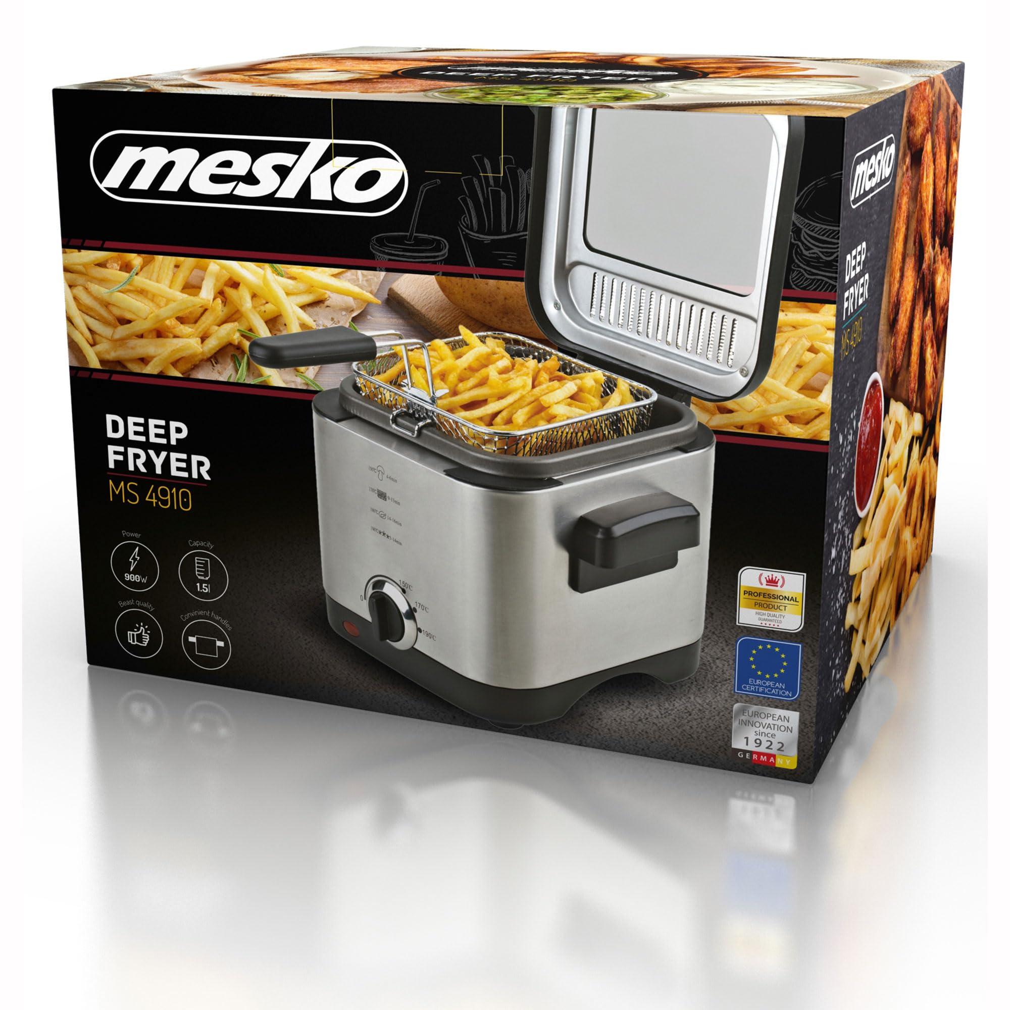Mesko MS4910 Freidora Aceite Eléctrica 1,5 Litros, Pequeña, Temperatura Ajustable, Cubeta Antiadherente, Tapa con Filtro Antiolor y Ventana de Control, Fácil Limpieza, 900W, Acero Inox