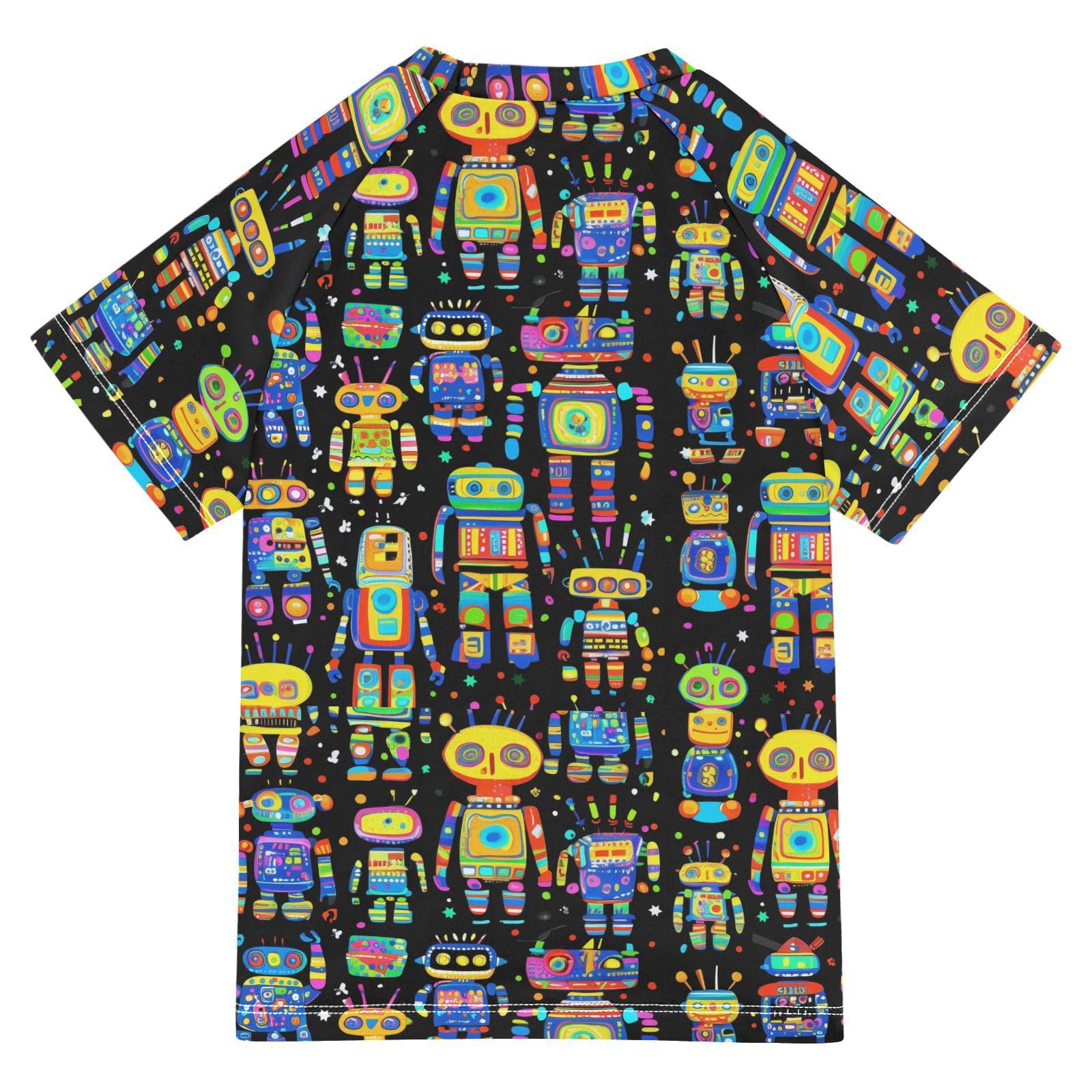 ALAZA Boys Swim Shirts Toddler Rash Guard Short Sleeve Rashguard Colorful Robots UPF 50+ 11-12T