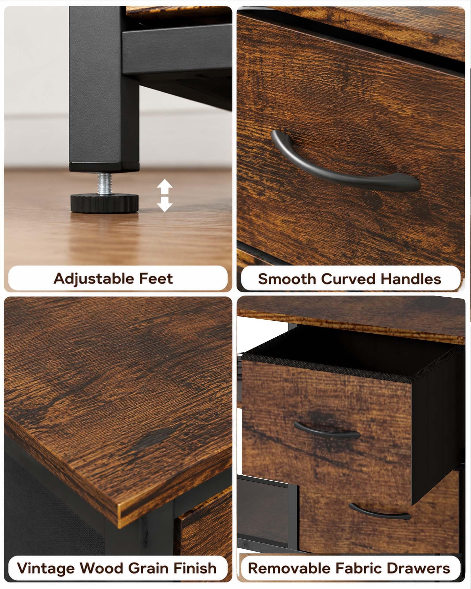 Hitsuki Meuble TV LED Meuble Télé Industriel Noir et Bois 110×30×78cm | PRISES ET RANGEMENT Deux prises et deux ports USB avec câble d’alimentation plus 4 tiroirs en tissu pour un usage quotidien