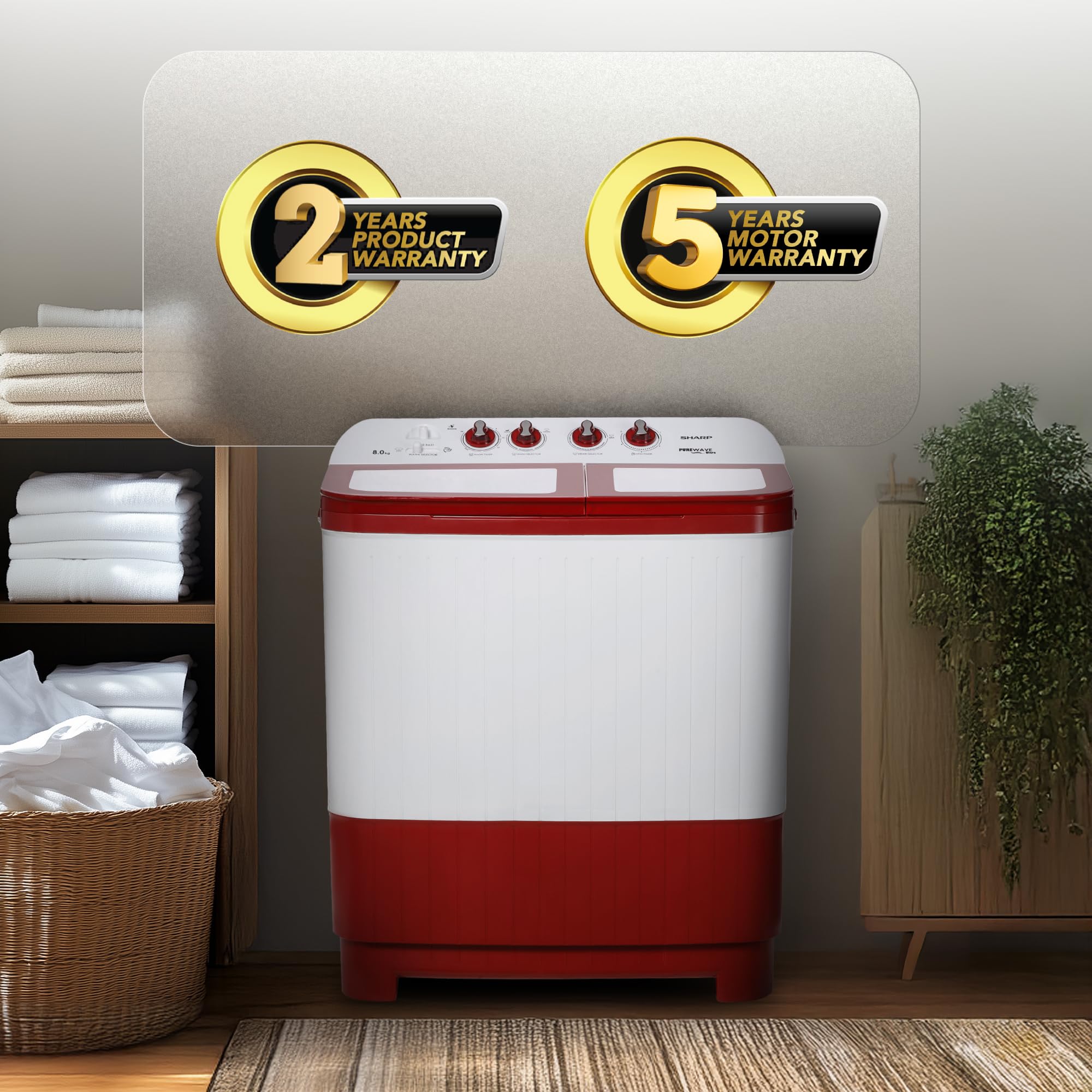 SHARP 8 kg, 5 Star Semi Automatic Top Loading Washing Machine with