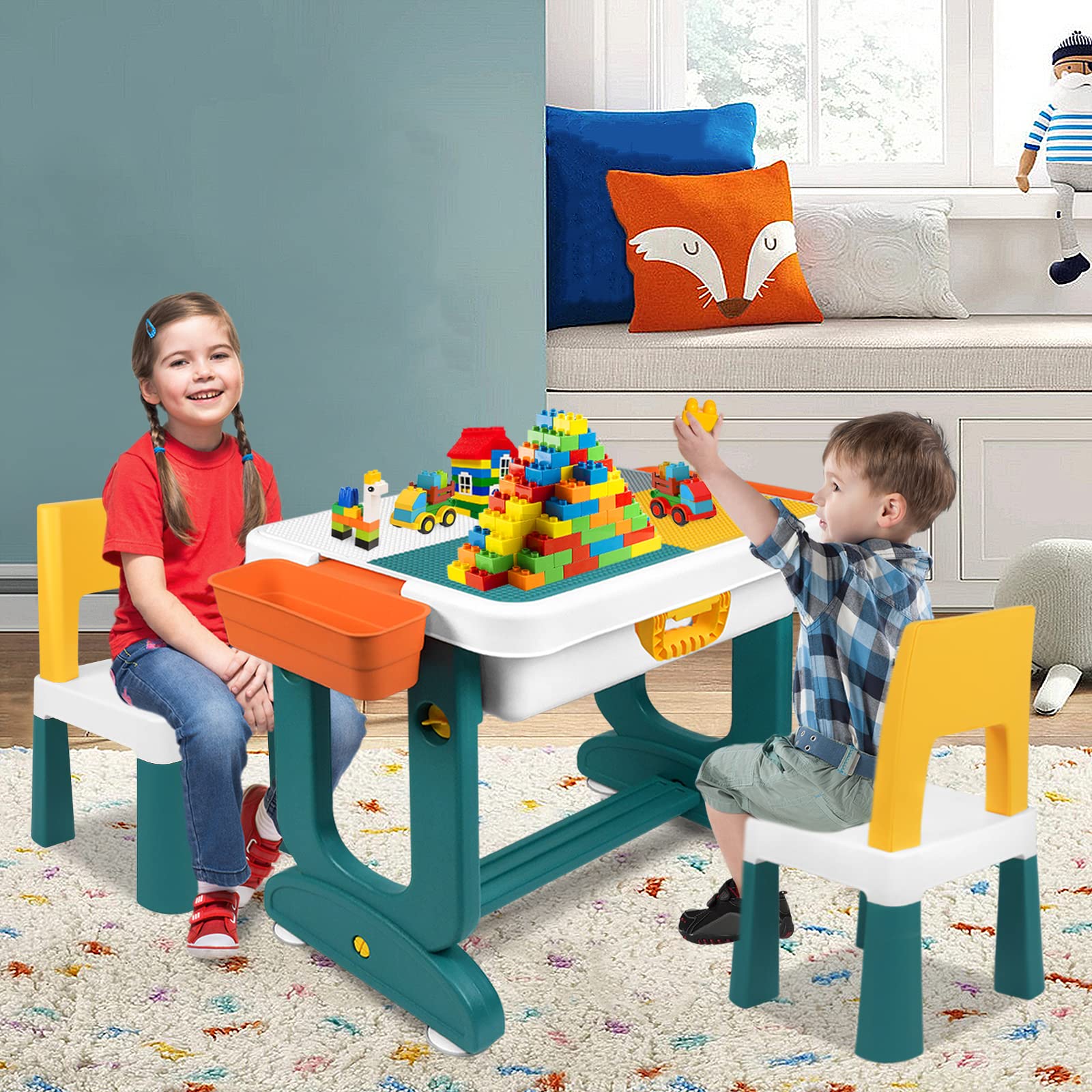 6 in 1 tavolo per bambini con 2 sedie, tavolo da gioco per bambini con 300 mattoncini da costruzione, tavolo da lavoro multifunzione