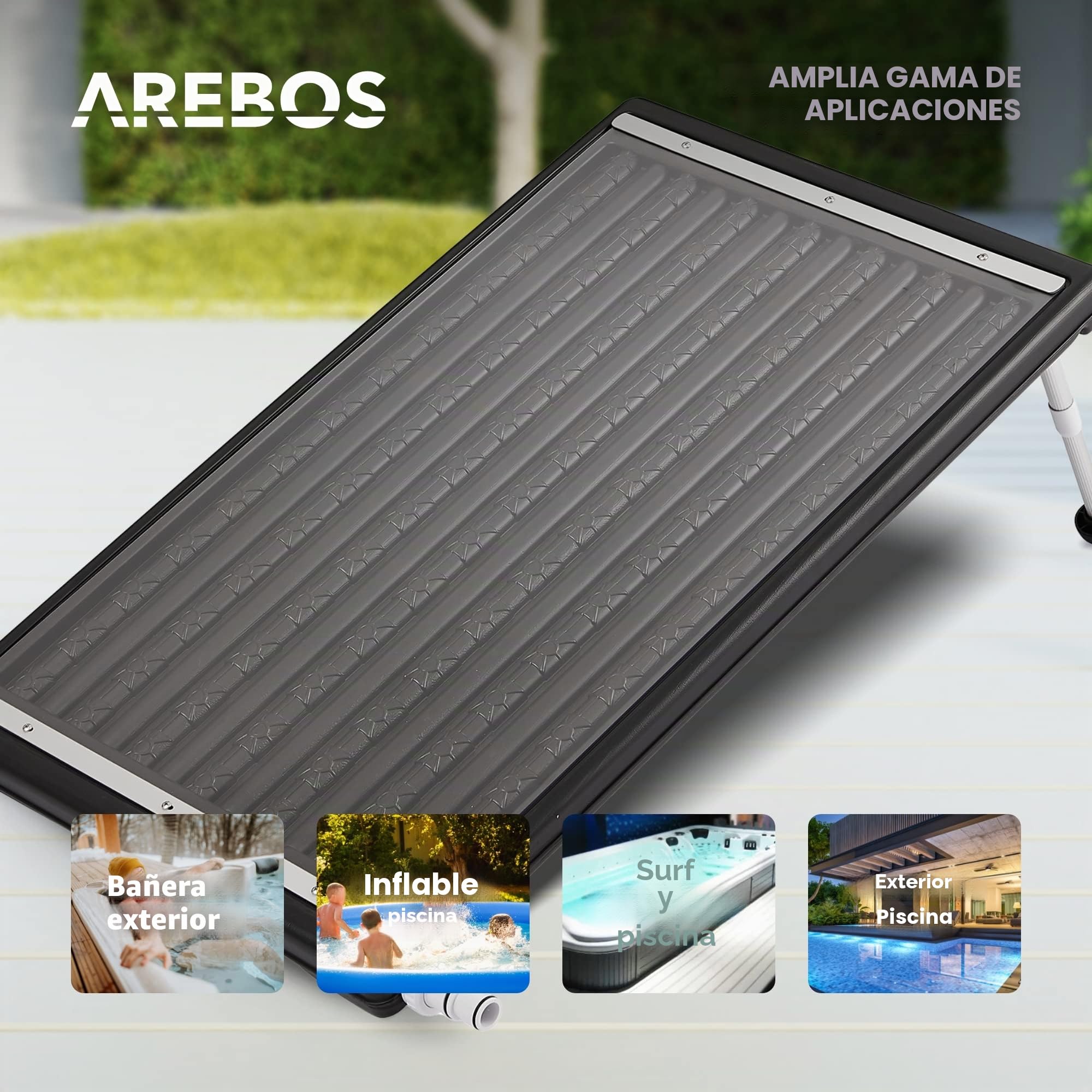 Arebos Calentador solar para piscina, 110 x 65 x 7,5 cm Calentador solar para piscina, capacidad de hasta 15 litros, caudal de hasta 10.000 L/h, conexión de manguera Ø 32/38 mm, incluye material de