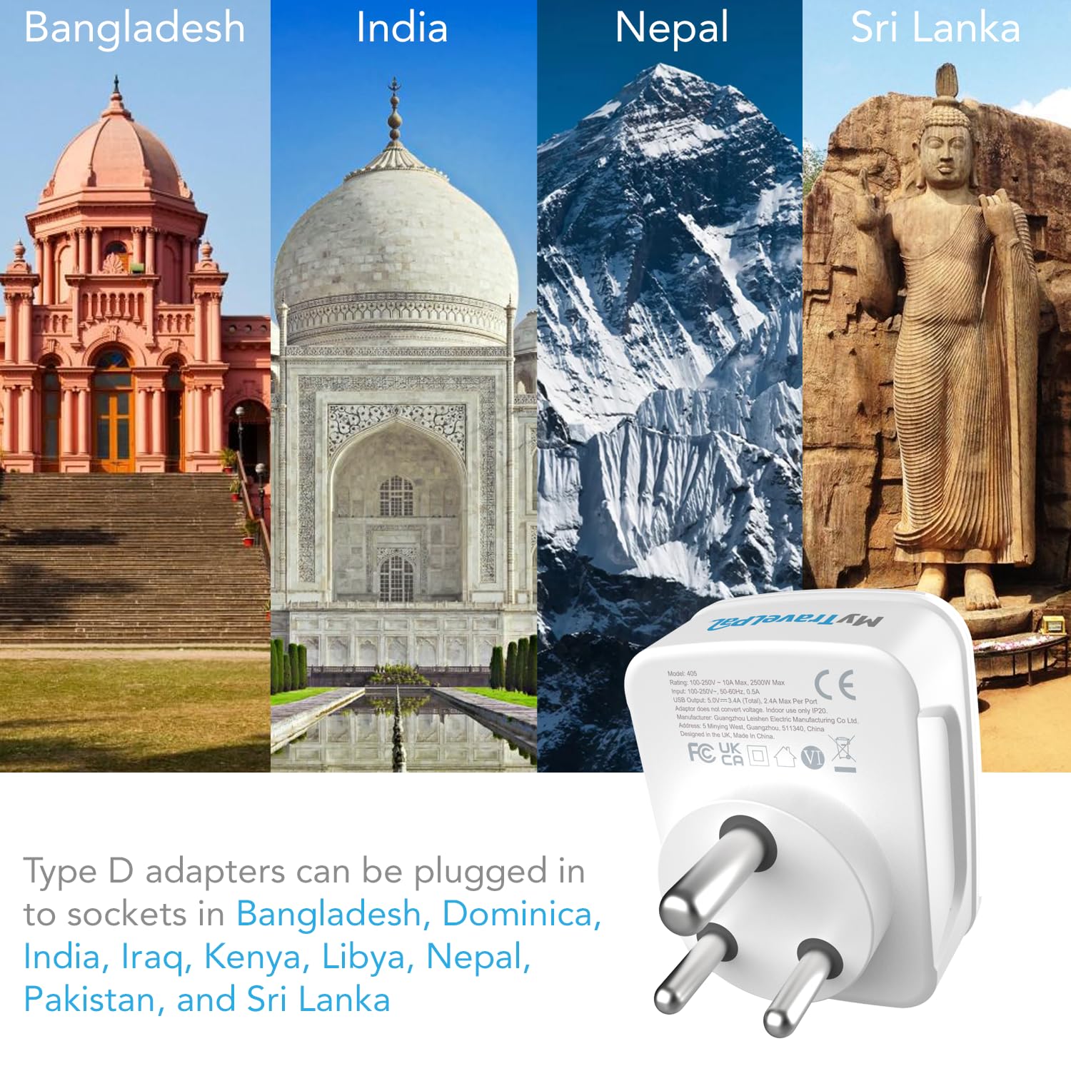 MyTravelPal UK to India Plug Adapter with USB C, White - Image 2