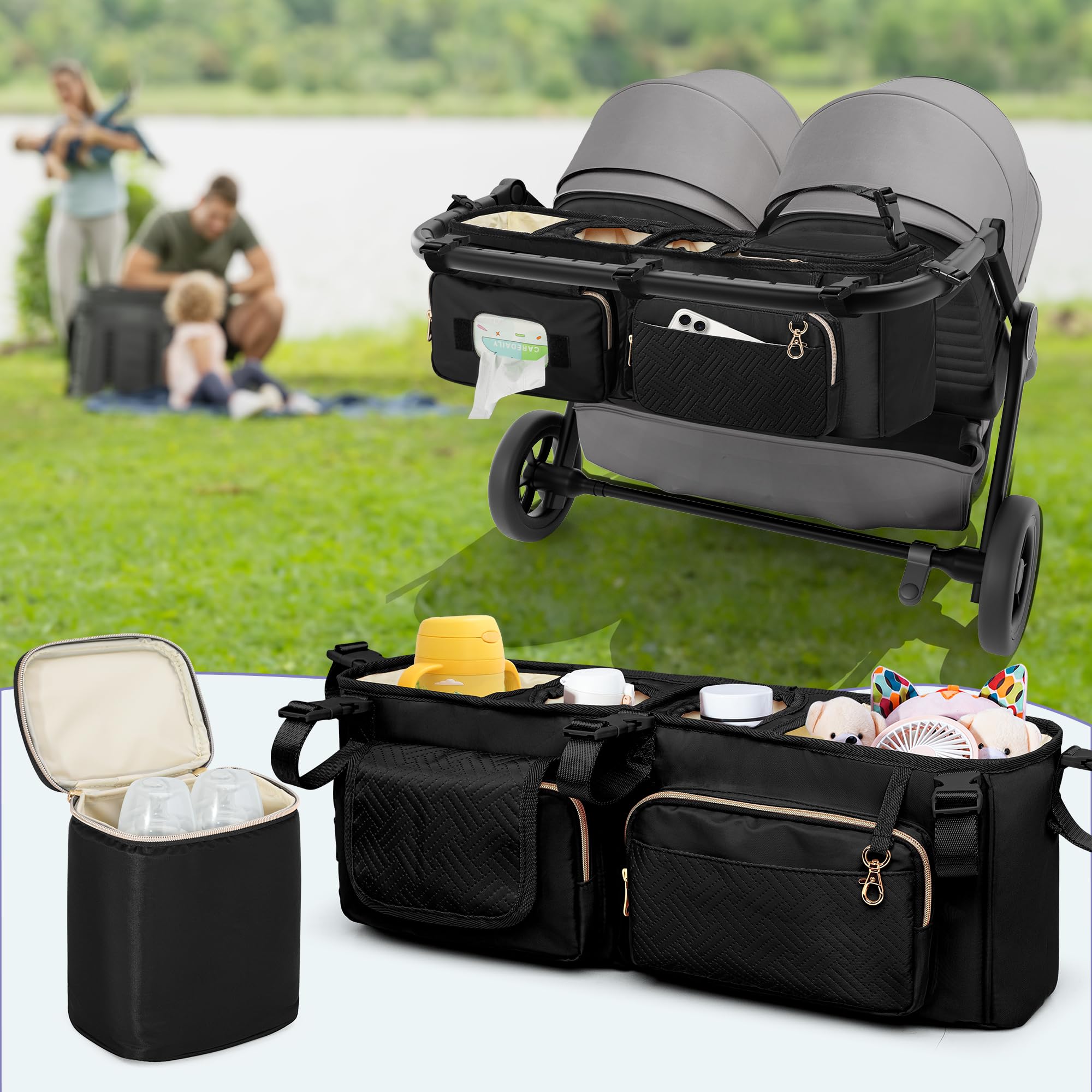 Organizador para Cochecito Doble Compatible con BOB Duallie y City Mini GT2 Cochecito Doble, Organizador para Cochecito Doble con Portavasos y Bolsa Nevera,Negro (Bolsa Vacía)
