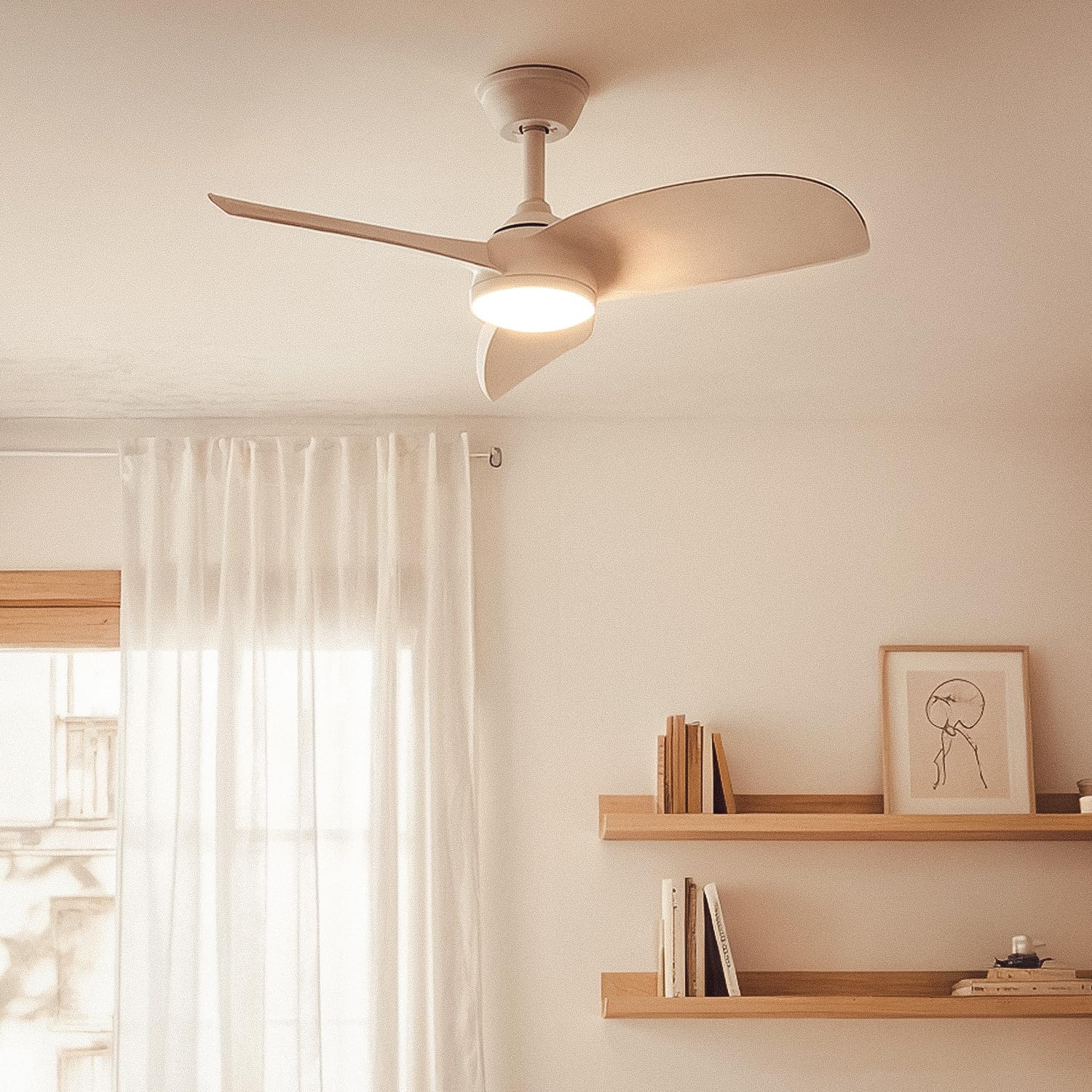 LEDKIA LIGHTING Ventilador de Techo Poros Evo Blanco con Luz LED CCT; Motor DC Silencioso 30W; Aspas Blancas; 6 Velocidades; 90 cm; 48 dB; Mando; Dormitorio y Salón Pequeño