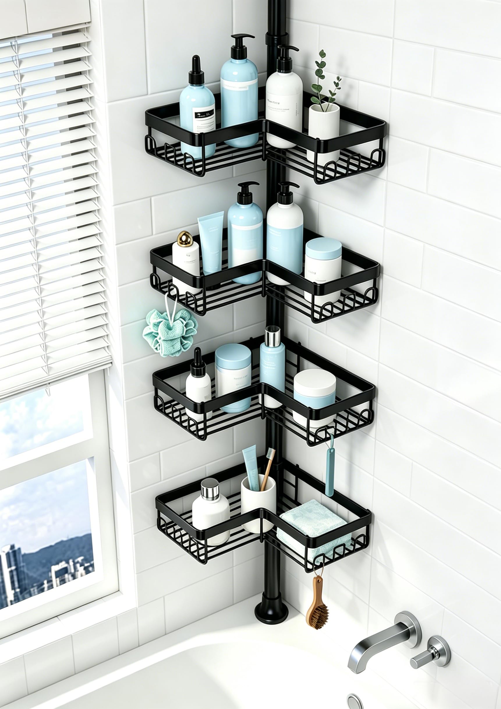 Cooeco Telescopic Shower Caddy Corner, 4-Layer Shower Shelf with No Drilling Required, Stainless Steel Bathroom Corner Storage – Black
