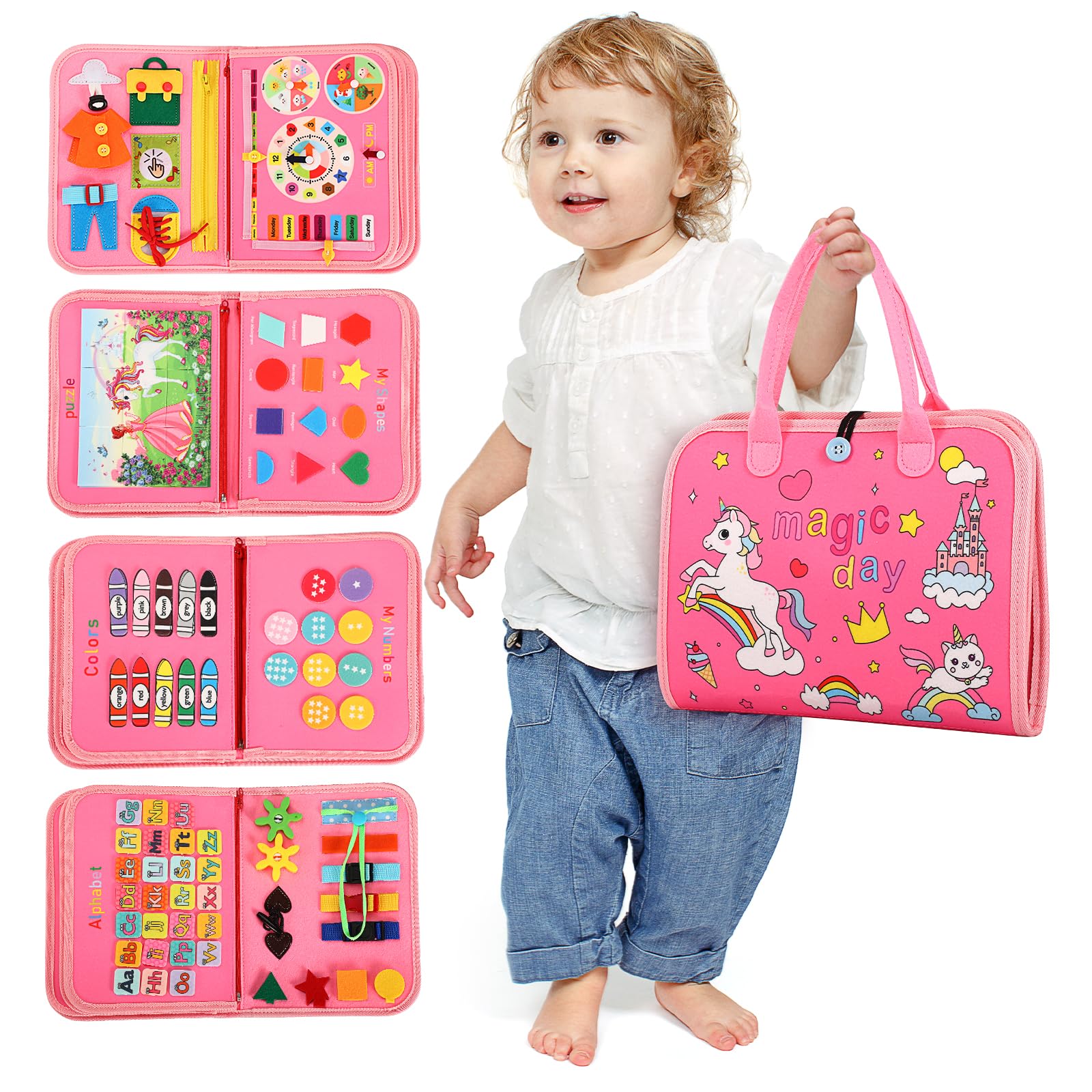 Ajsupojouet Toddler Busy Board, Montessori Toys Busy Book for 1 2 3 Year Old boy Girl Gift, Sensory Educational Toys Ages 2-4, Preschool Learning Activities Books,Airplane Travel Essentials Kids Toys