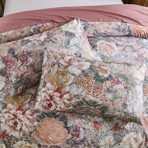 Miniatura 6 de Juego de funda de edredón 100 % algodón, tamaño King, diseño floral vintage con cierre de cremallera y lazos en las esquinas, juego de cama de lujo