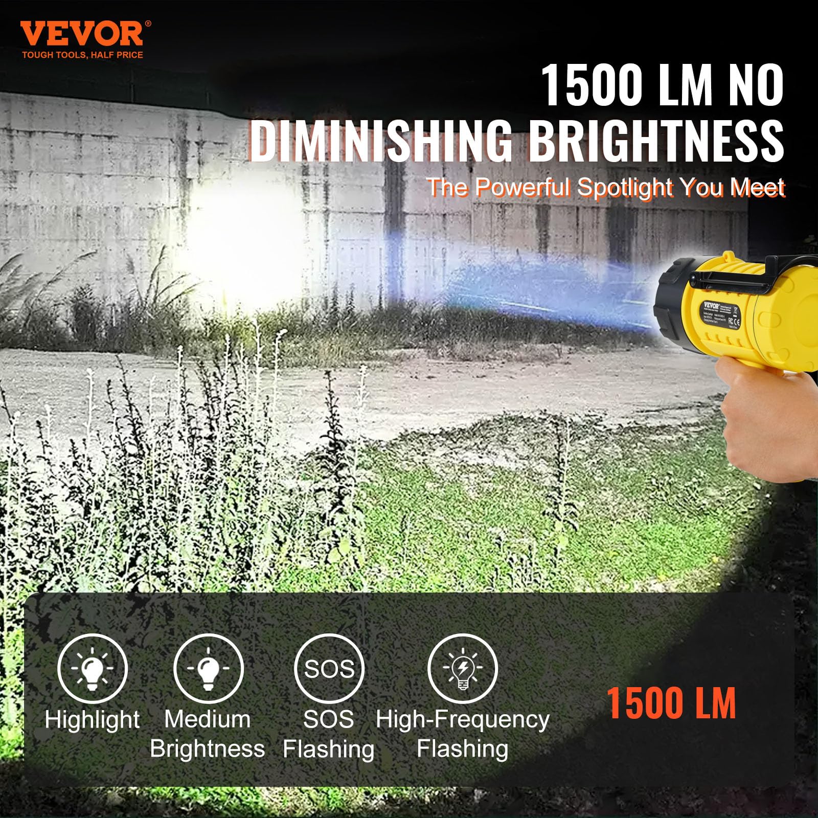 VEVOR Lampe Torche LED Ultra Puissante, 1000000 lm, Lampe de Poche Rechargeable Portable Étanche IP67 avec 4 Modes, Objectif Amovible, Port USB, pour Chasse, Bateau, Camping, Spéléologie, Extérieur