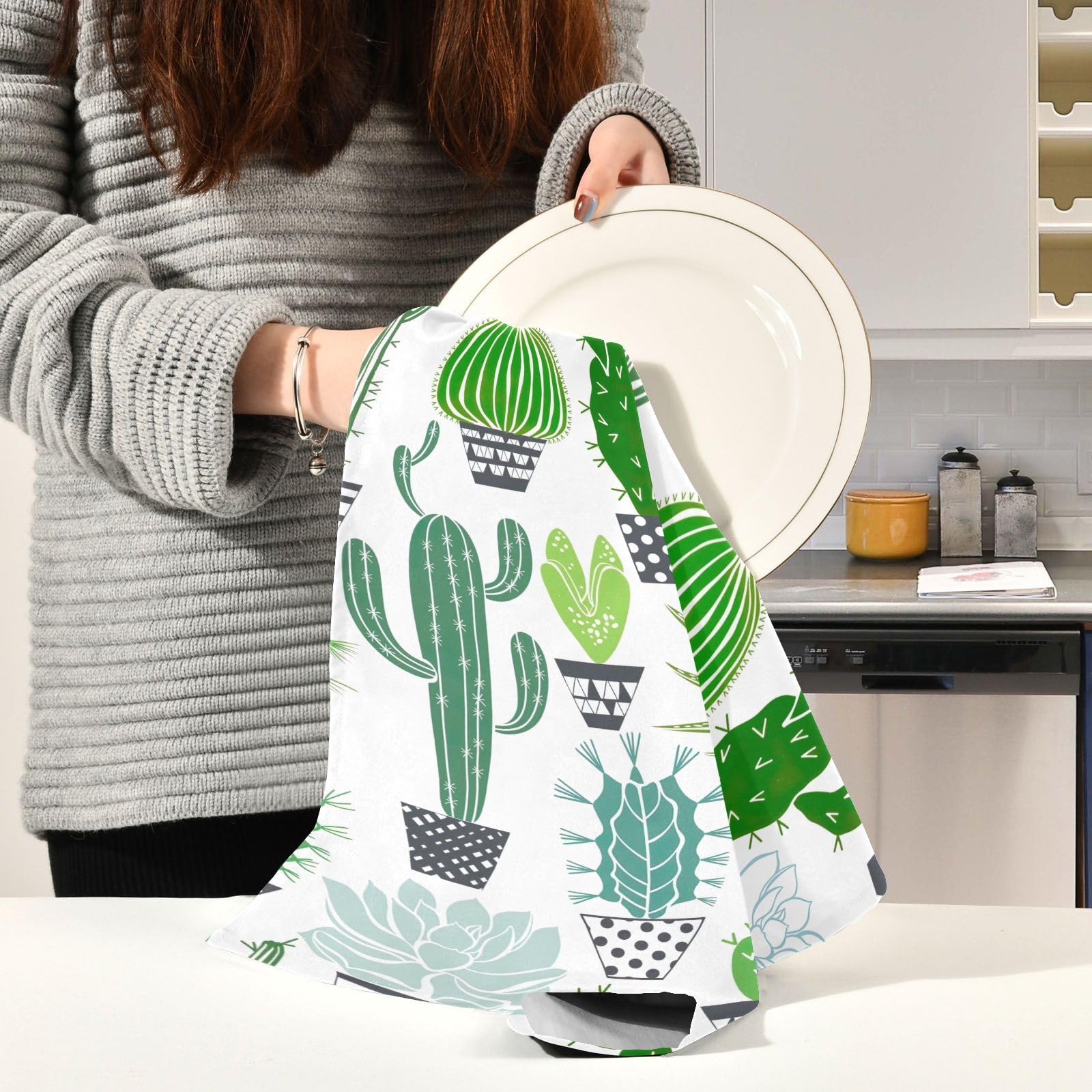 Set Di 2 Strofinacci Da Cucina Con Motivo Cactus Del Deserto - Canovacci Assorbenti E Non Tossici Per La Casa - 4
