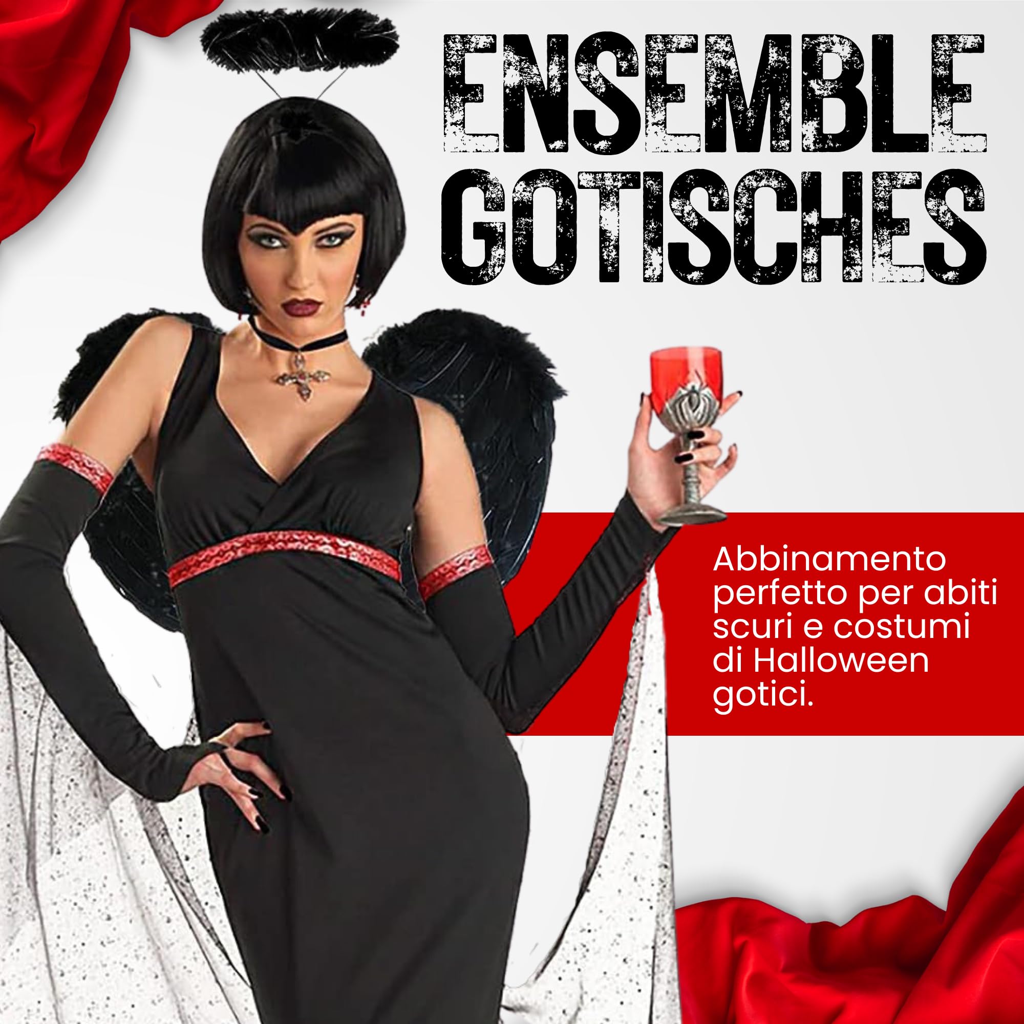 Ali celestiali e cerchietto scuro da angelo – Abito femminile con ali e ornamento nero – Travestimento nero da creatura celeste per donna – Completo dark da spirito caduto per adulti