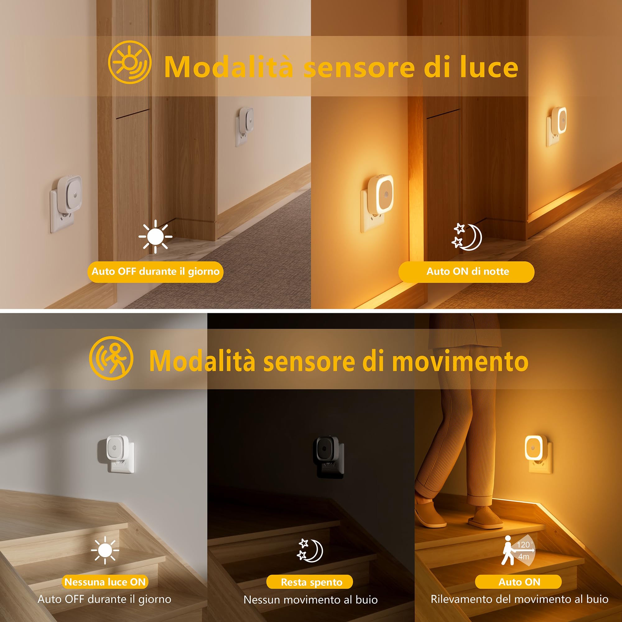YUNLEX Luce Notturna da Presa con Sensore di Movimento, 3 modalità di sensore, [2 Pezzi] luci notturne dimmerabili per Camera dei Bambini, Bagno, Cucina, Scale, camera da letto, Ambra
