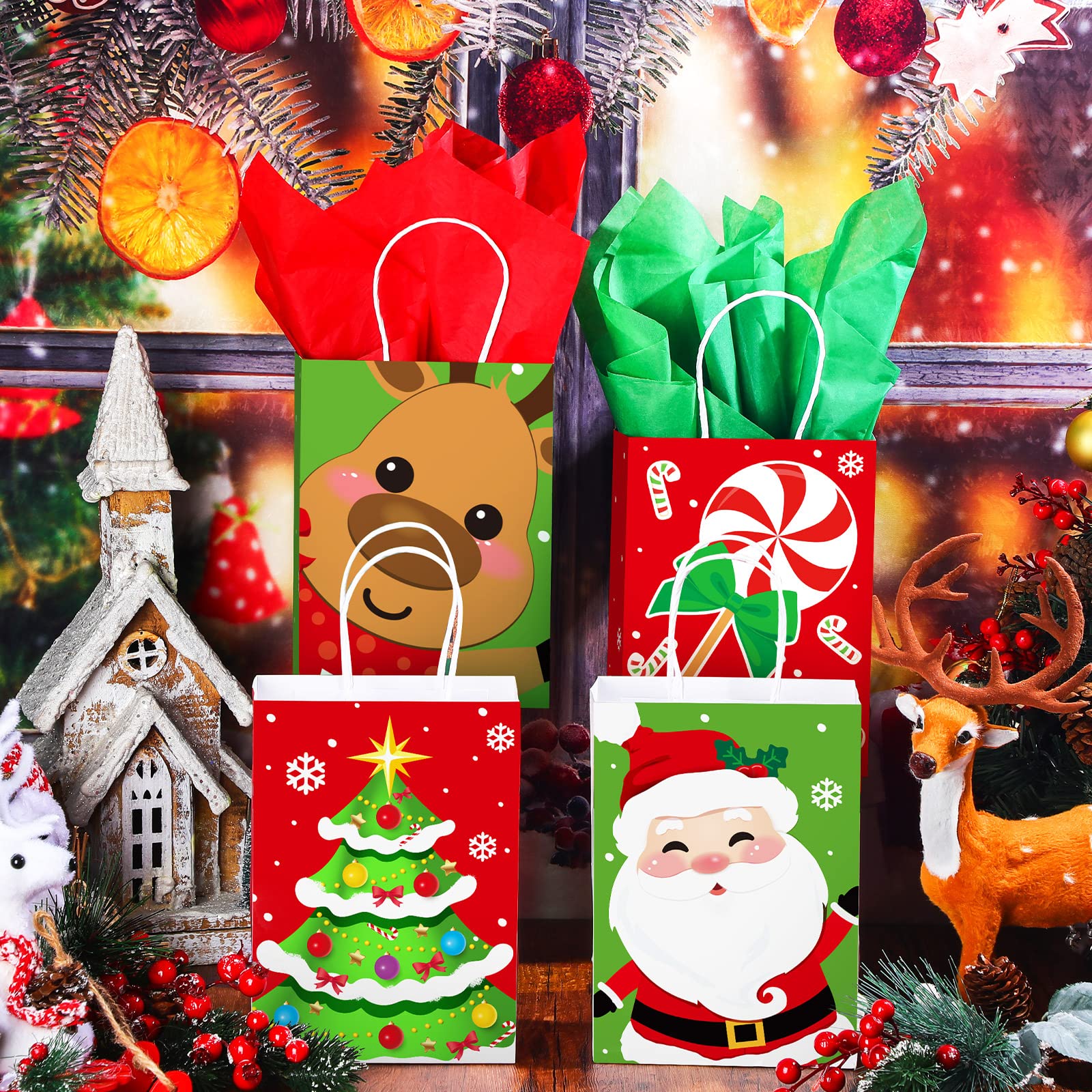 Yeaqee Lot de 80 petits sacs cadeaux de Noël en papier kraft avec poignées en vrac pour emballage cadeau de Noël, fournitures de fête de vacances, 21 x 15 x 8 cm (Père Noël, élan)