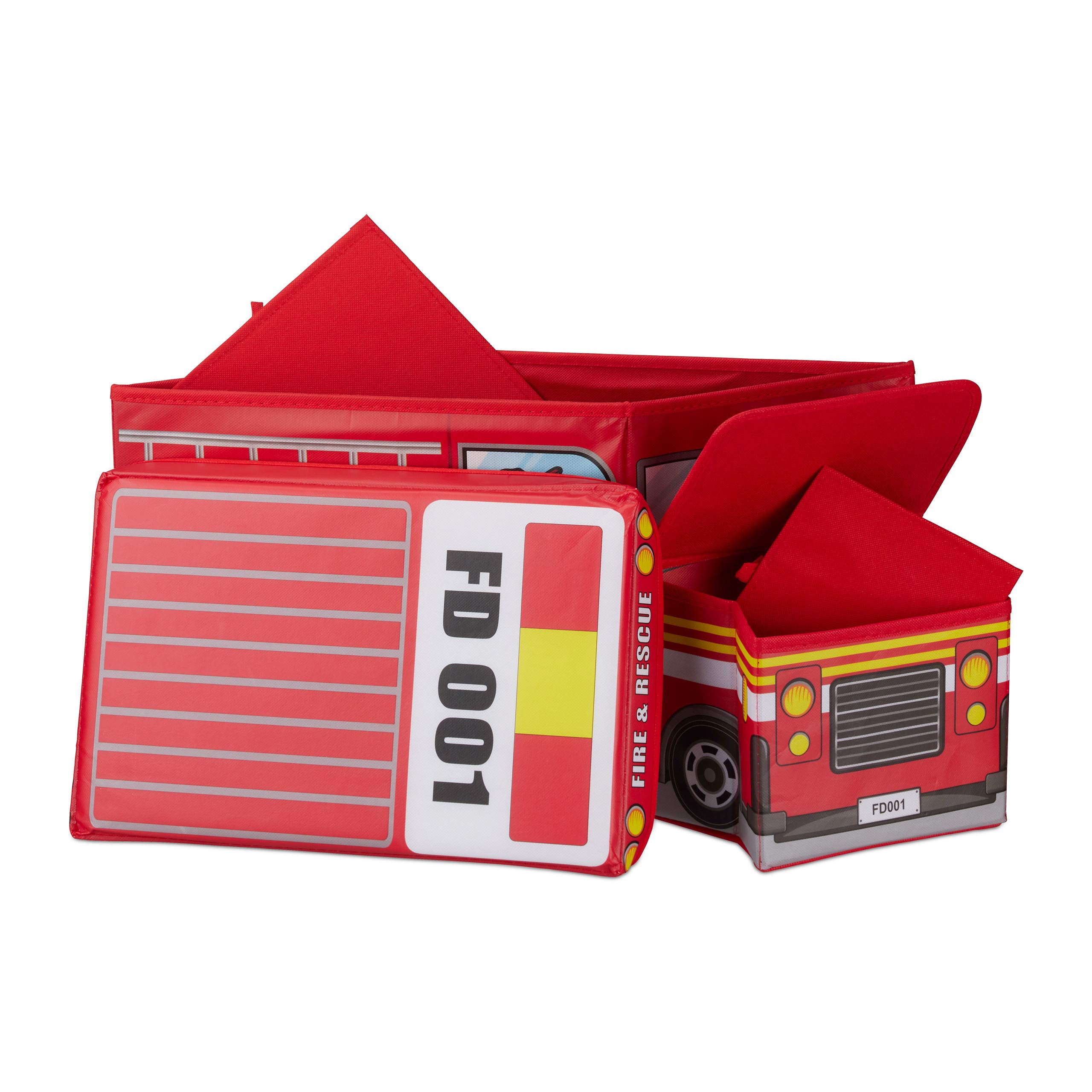 Relaxdays Sgabello Bambini Contenitore Giocattoli con Scomparto, Pieghevole, Camioncino Vigili del Fuoco 50 l Rosso