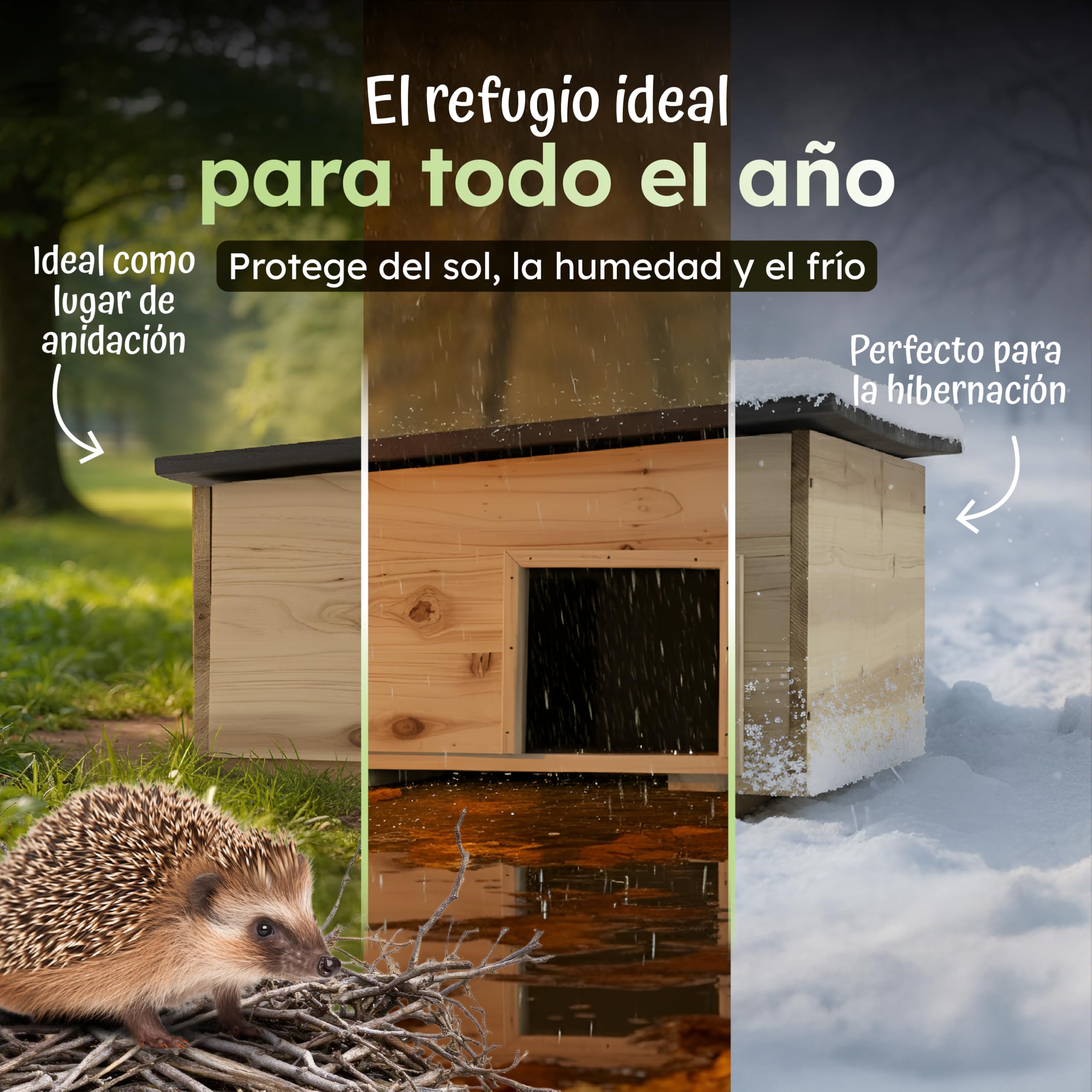 Moorland Casa de hibernación para erizos – Refugio Invierno FSC 54×38 cm con Base, Entrada laberíntica ventilada, Techo extraíble, Resistente al Clima para Uso en jardín