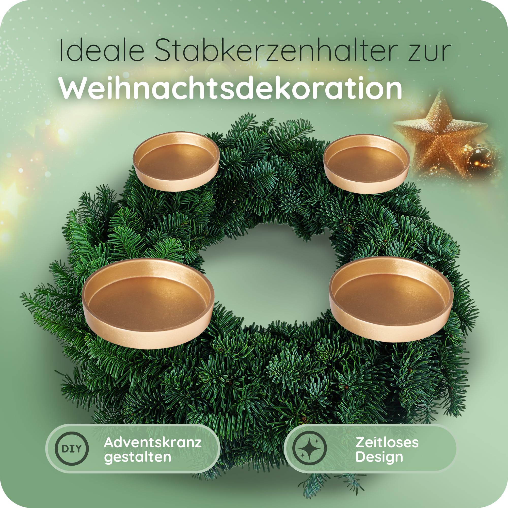 Novaliv 12x Kerzenpick flach 10cm Gold Aluminium Kerzenständer Adventskranzdeko Kerzenhalter Adventskranz Adventskerzenhalter Weihnachtskranz Kerzenteller zum Stecken rund Kerzenpin