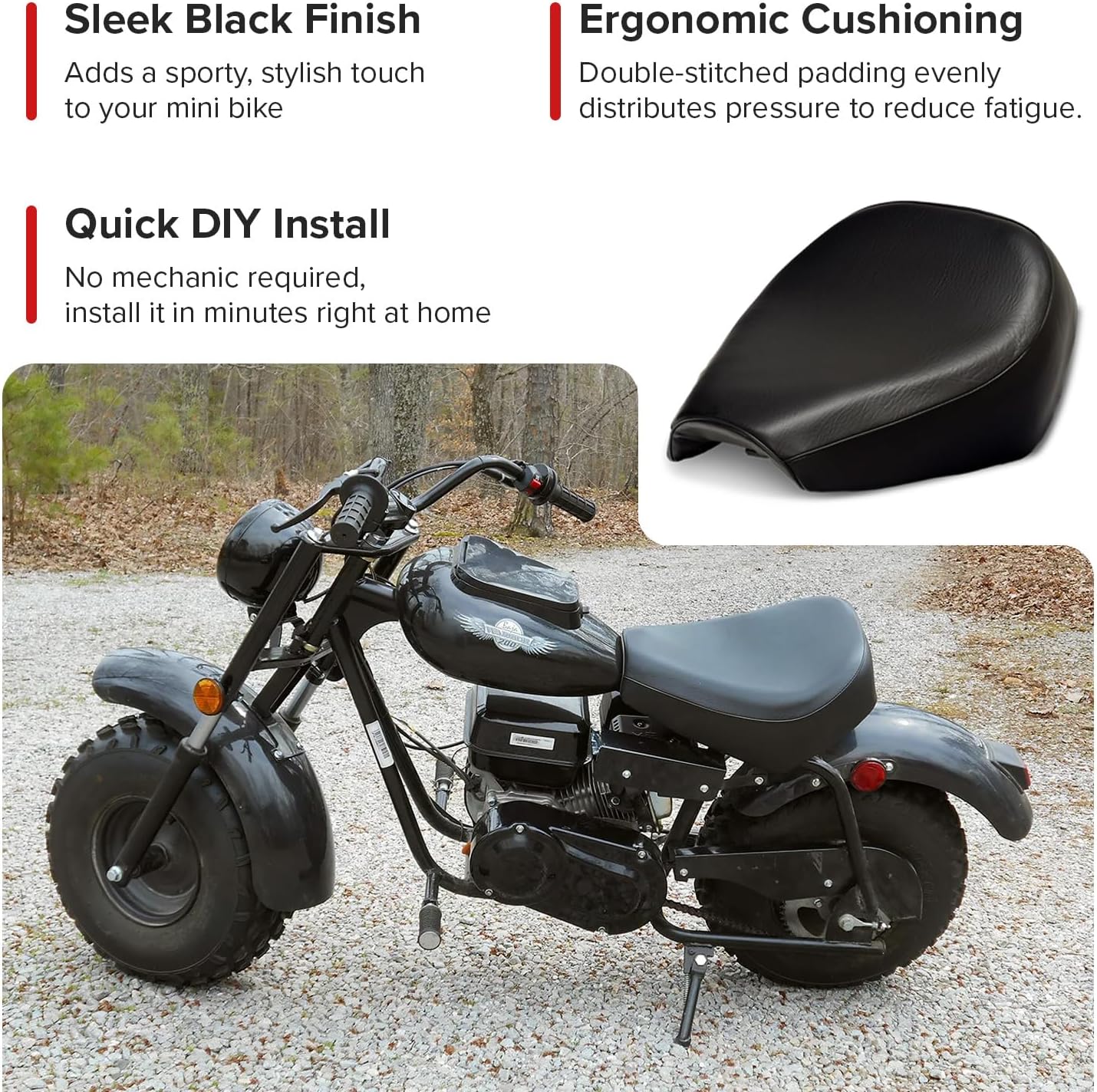 AlveyTech Black Seat for Baja Mini Bike MB165 & MB200 (Heat, Mini, Warrior), TrailMaster MB200, Massimo Warrior MB200, Bennche MB200 - Replacement 14-3/4"x13" Seats for 196cc 6.5HP Mini Bikes