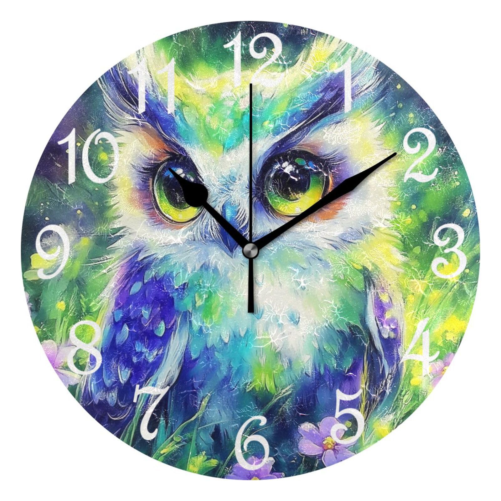 Horloge à quartz Chouette Aquarelle silencieuse de 25cm pour décorer le salon