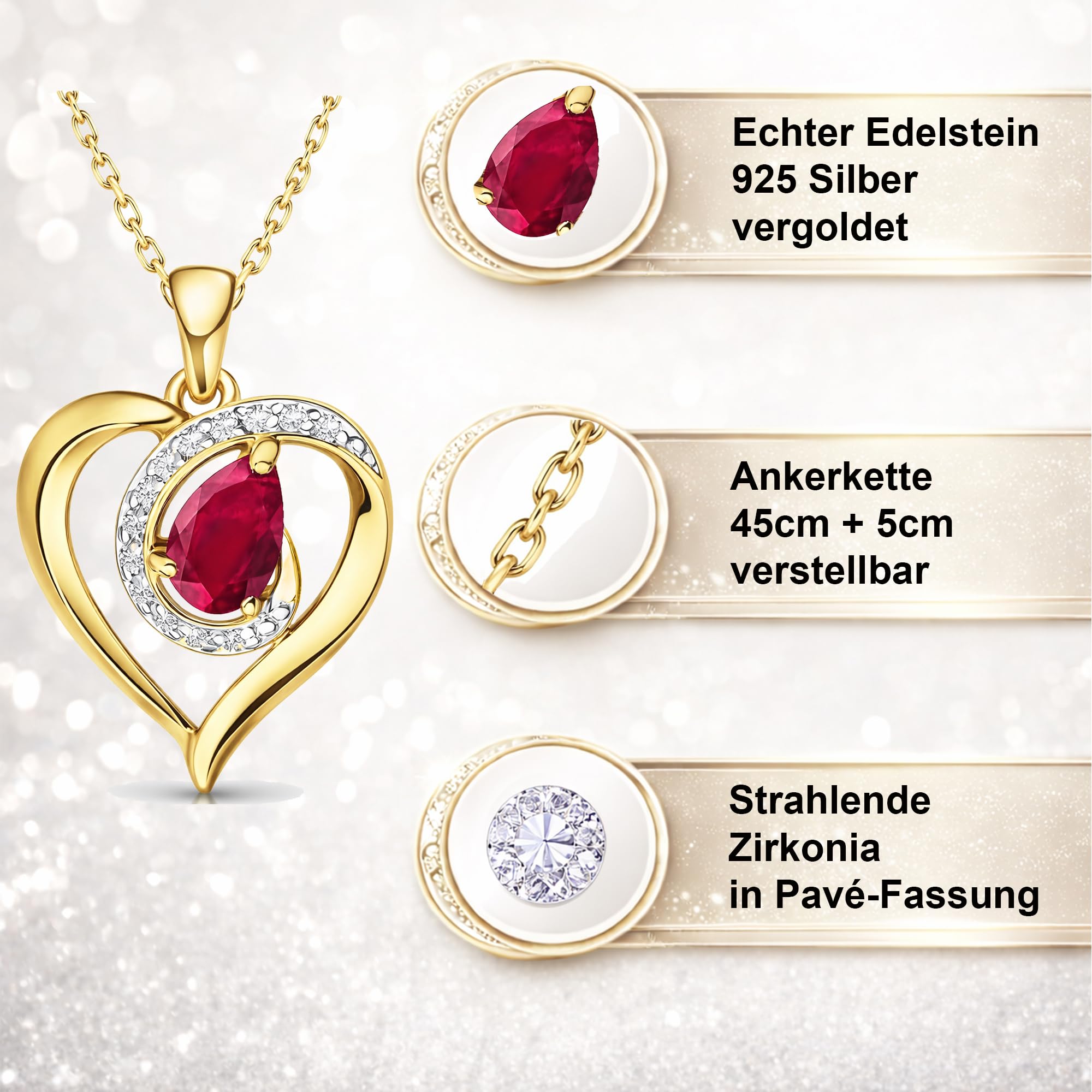 Echte Edelstein Herzkette Damen aus 925 Silber – Halskette mit Herz-Anhänger Schmuck Geschenk für Frauen & Freundin