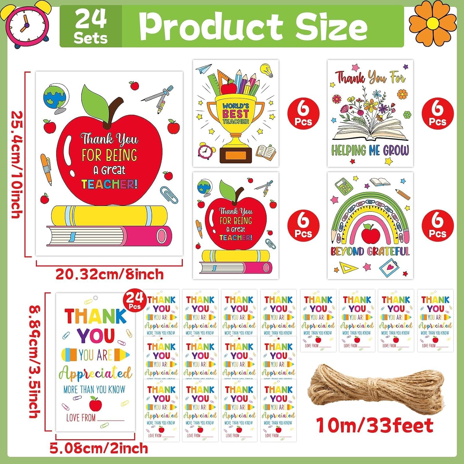 24 Sets Teacher Gift Bulk Thank You Cards for Teachers Coloring Posters with Teacher Appreciation Gift Tags 4 Designs Color Your Own Crafts with Signature Cards for Thanksgiving Gifts Classroom Decor