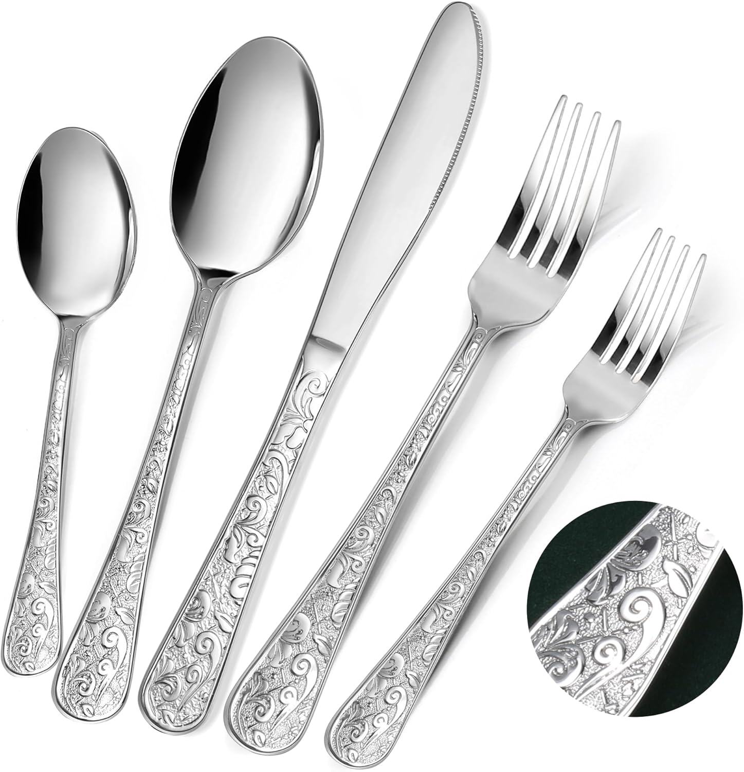 Silverware Set, 30 Pieces Vintage Carved Flatware Set for 6, Stainless Steel Cutlery Set with Knife/Fork/Spoon,Utensil Set for Home and Kitchen, Dishwasher Safe