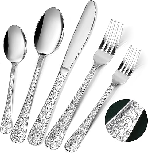 Juego de cubiertos de 30 piezas tallados vintage para 6, juego de cubiertos de acero inoxidable con cuchillotenedorcuchara, juego de utensilios para