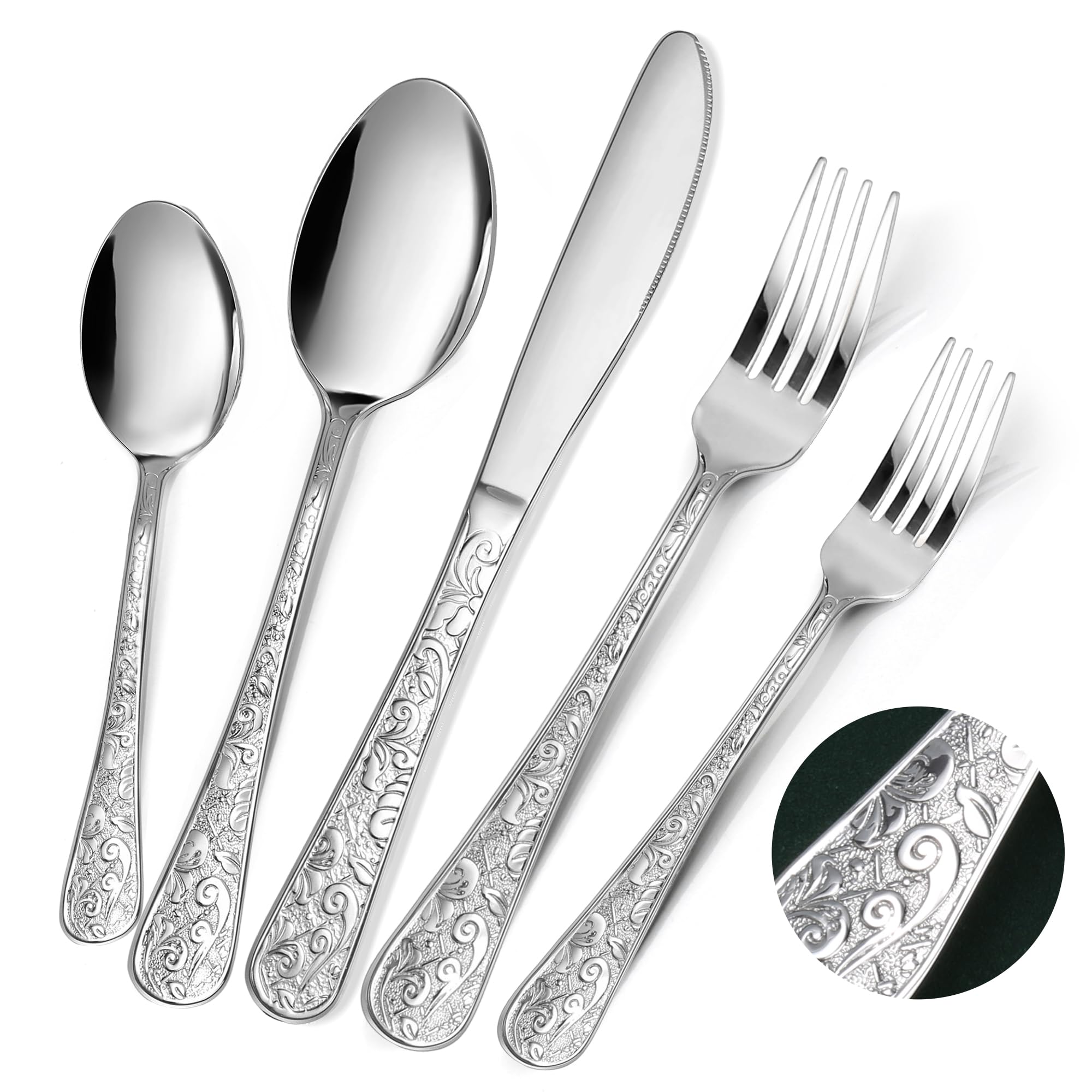 HENSENMEN Silverware Set, 30 Pieces Vintage Carved Flatware Set for 6, Stainless Steel Cutlery Set with Knife/Fork/Spoon,Utensil Set for Home and
