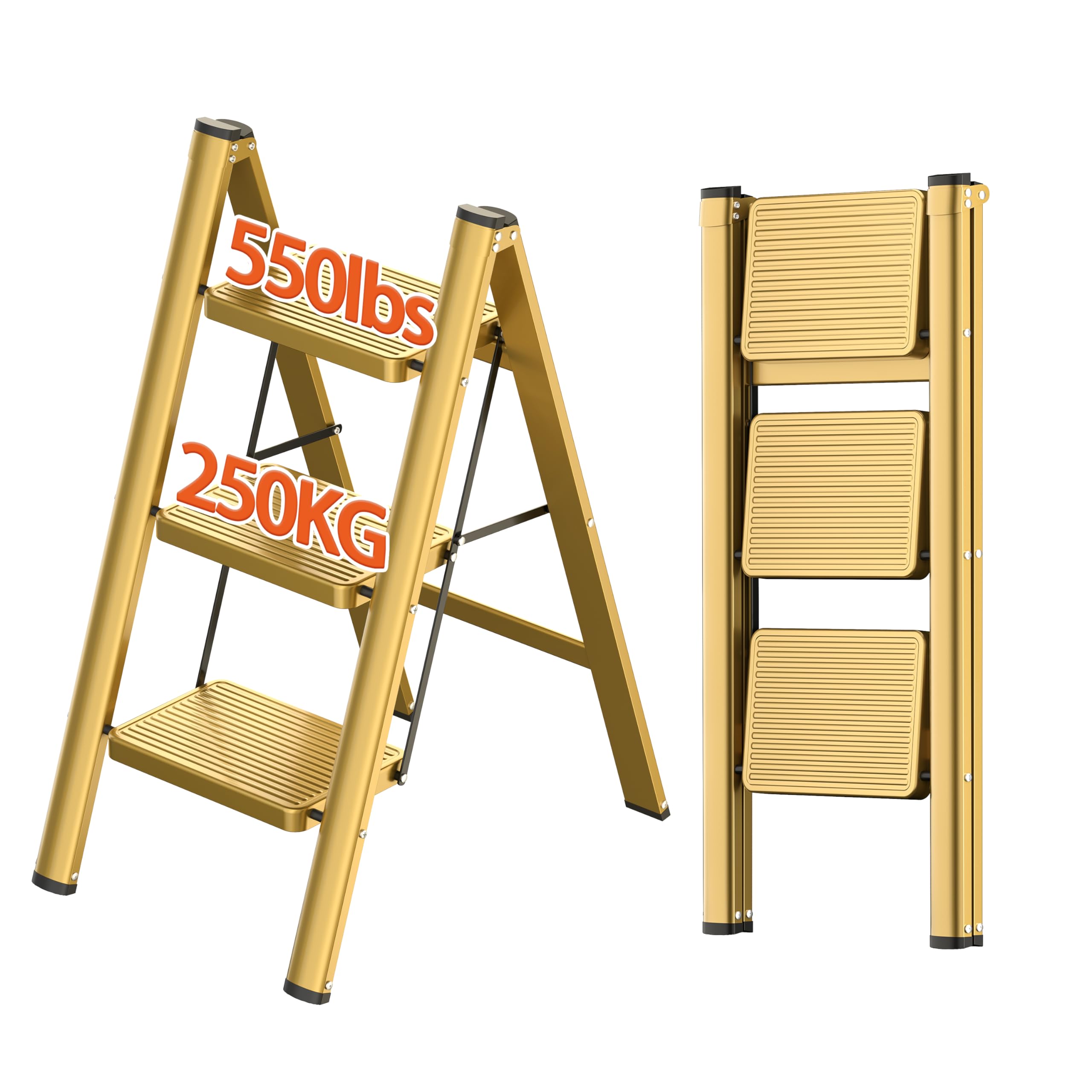 JOISCOPE 3 Step Ladder,Lightweight Folding Step Stool with Anti-Slip Pedal,600 lbs Portable Sturdy Steel Ladder for Adults,Multi Purpose Folding Ladder for Home Kitchen Office,Space Saving,Gold