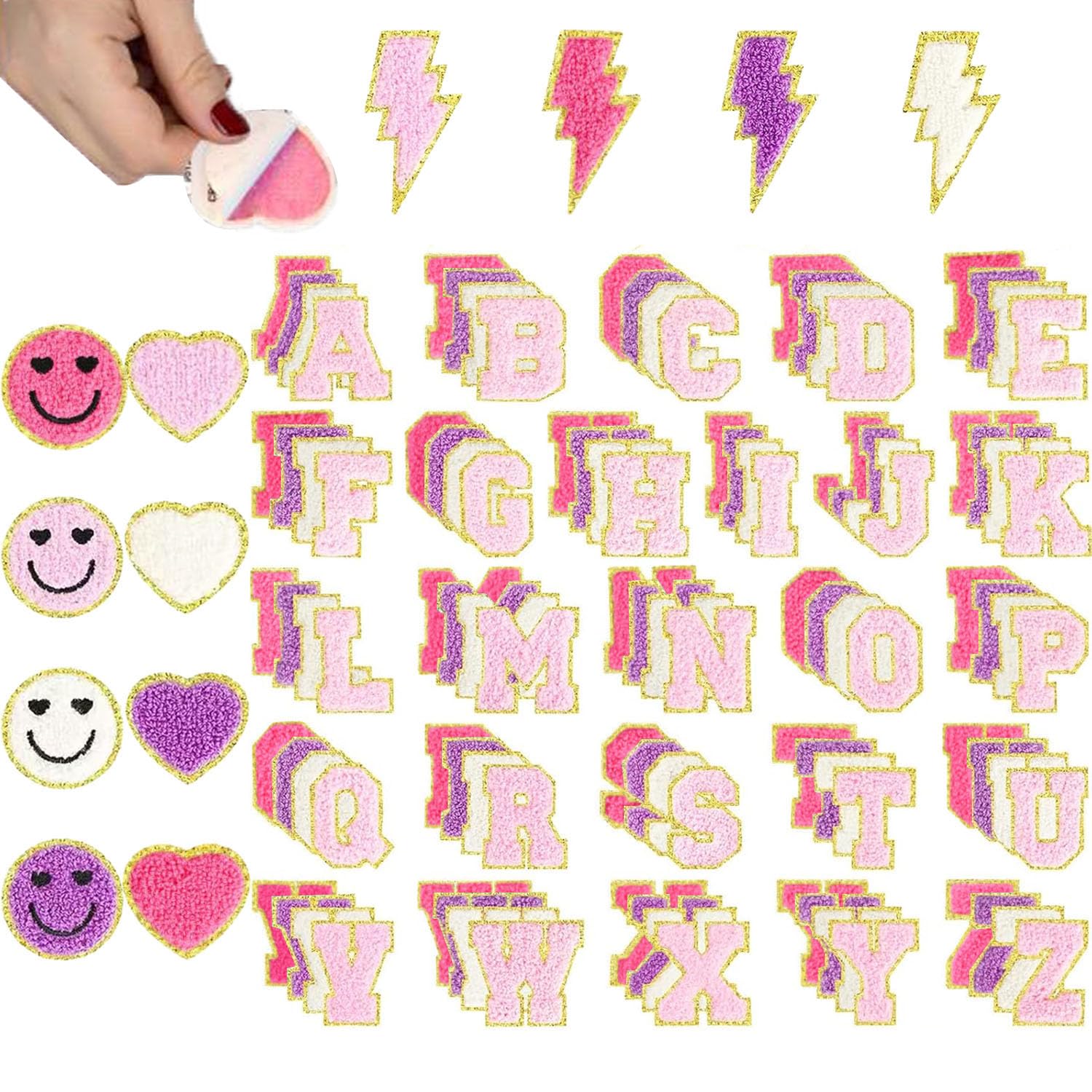 116 Pcs Glitter Alphabet Letter Patches, Colorful Lightning Bolt and Hearts, Preppy Self Adhesive Chenille Embroidered Appliques for DIY Crafts — image 1