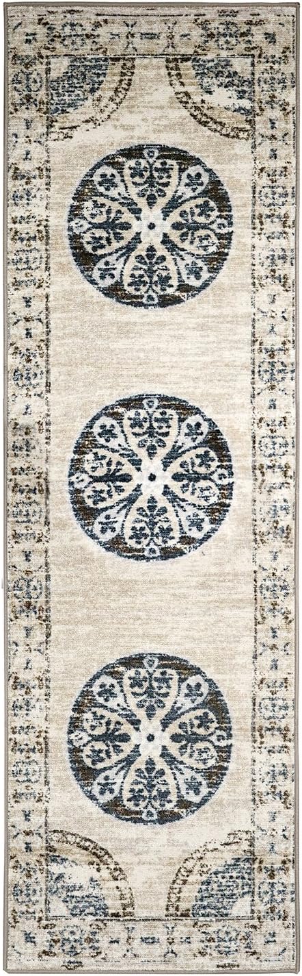 BLUENILEMILLS Alizeh Indoor Runner Rug, Central Medallion Design, Distressed Border, Plush, Durable, Elegant, Non-Slip Foam Backing, Machine Washable, 2'6'x8'