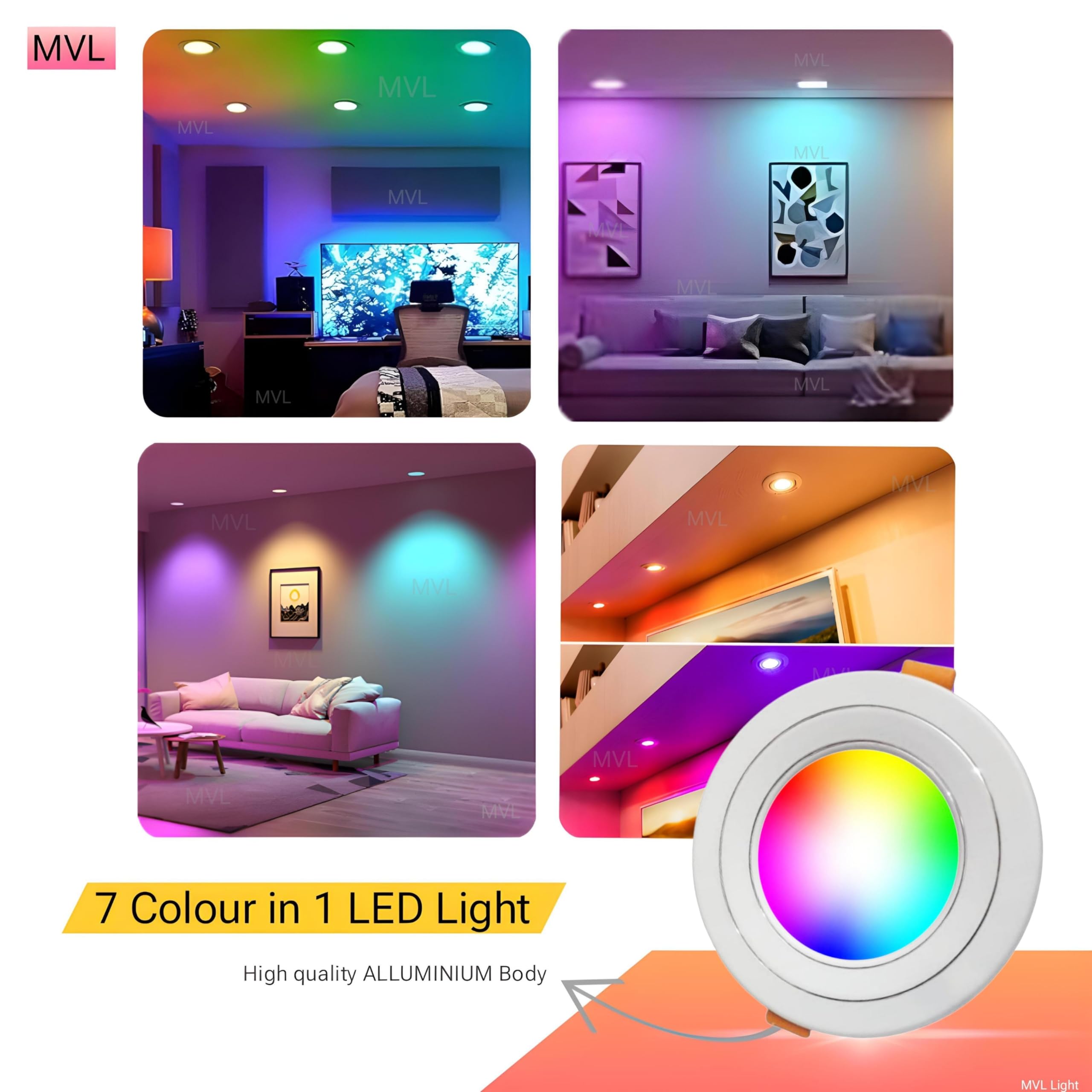 MVL Light Mvl 9 Watt 9 In 1 Multicolour Led Ceiling Down Light (Red/Pink/Blue/Yellow/Violet/Green/Sky Blue/White,Aluminium) Pack Of 4 3