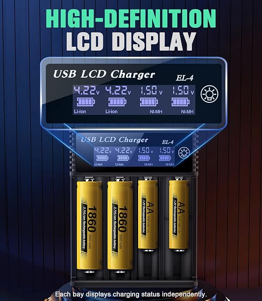Ermorgen Cargador de Baterías 18650, Cargador Universal 4 Puertos para Baterías Ni-MH/Ni-CD 1.2V AA/AAA/C/SC/F6 y Li-ION 3.7V 18650, 18350, 18500, 18700, 20700, 21700 y 26650 LCD - 2