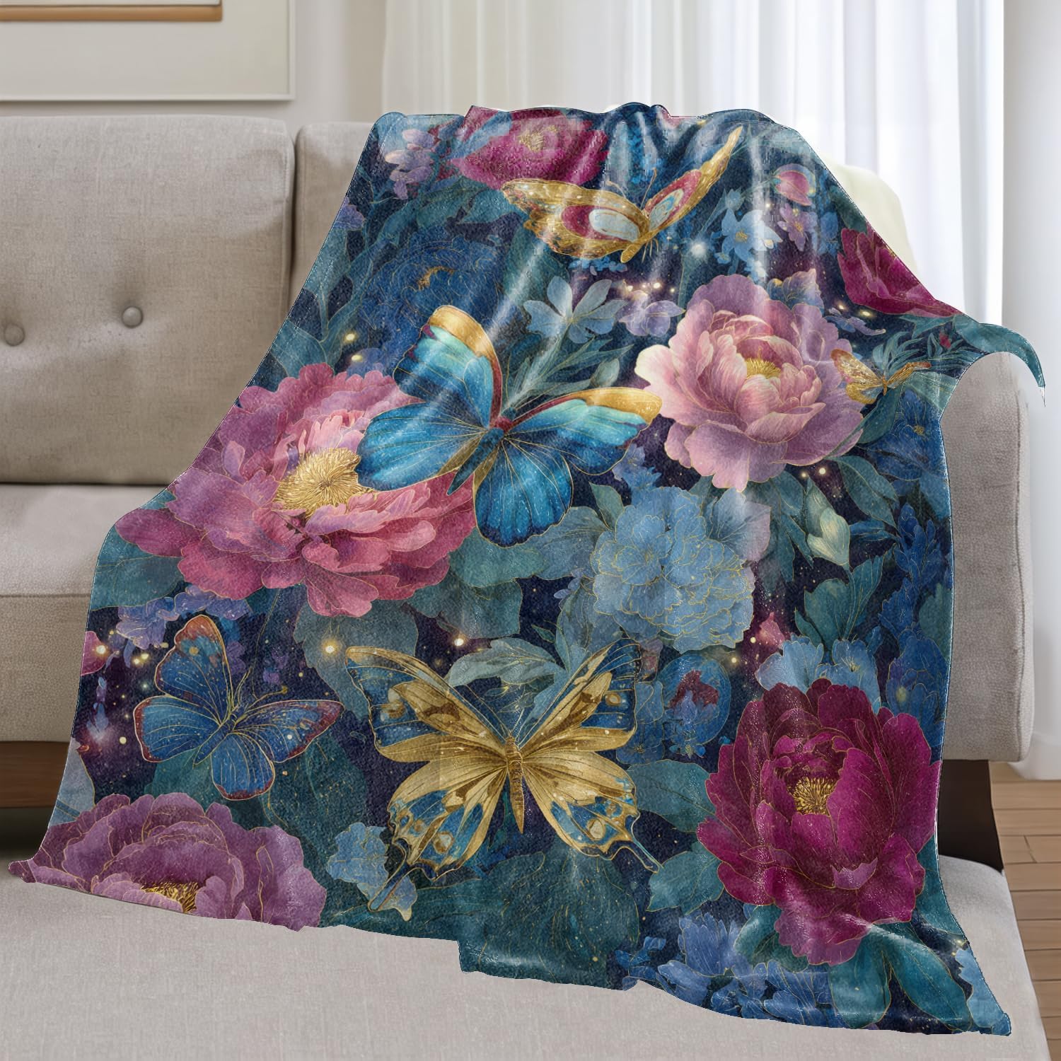Butterfly Flannel Blanket Gifts for Nature Lover,60x50inch,Elegant Night Garden Throw Blankets with Blooming Flower and Insect,for Bedroom,Living Room,Camping Fantasy Home Decor Throws